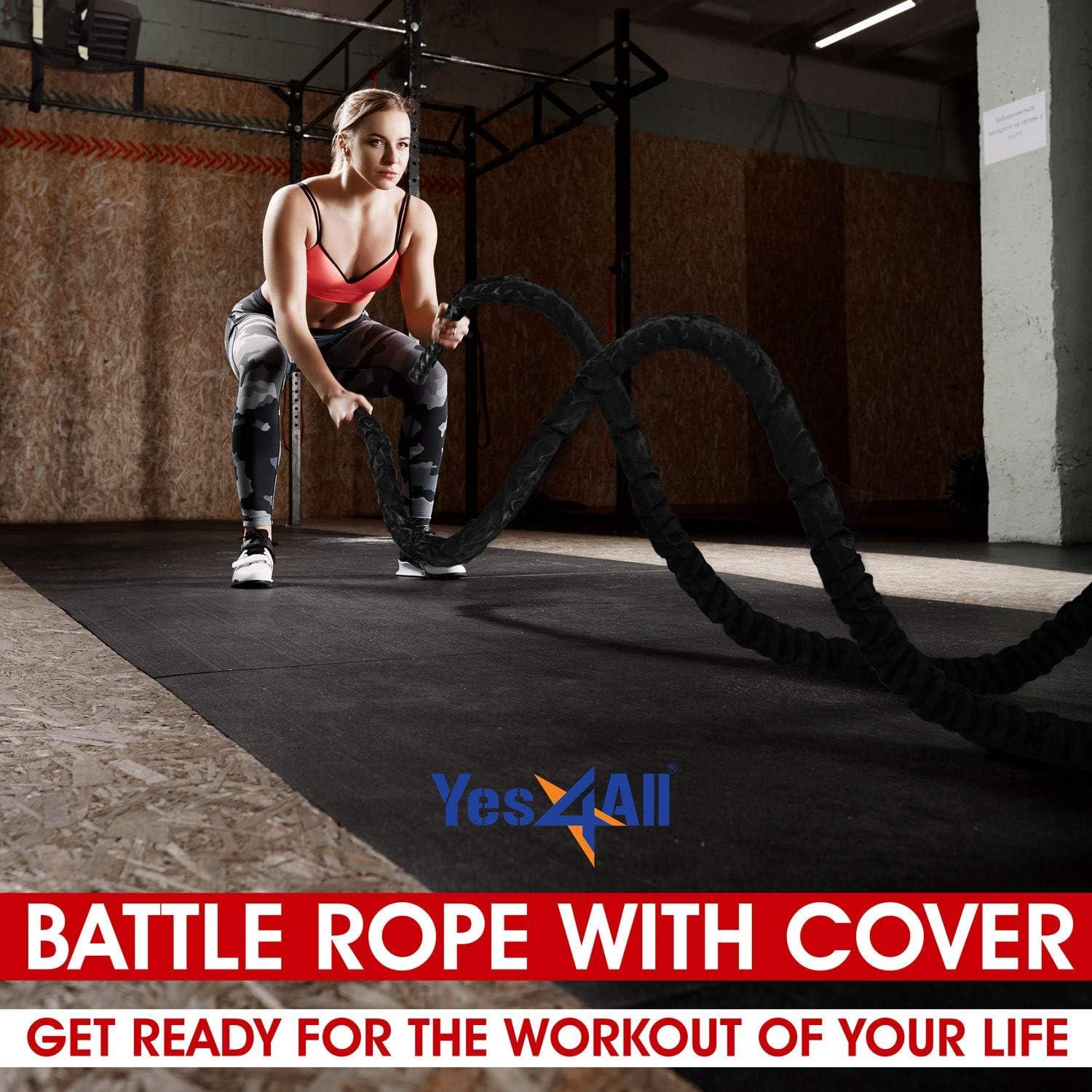 Yes4All Battle Ropes, Workout Rope with Cover, Steel Anchor & Strap Included, Heavy Ropes for Exercise Training – 1.5/2 Inch Diameter, 30, 40, 50 Ft Length(2in – 30ft)