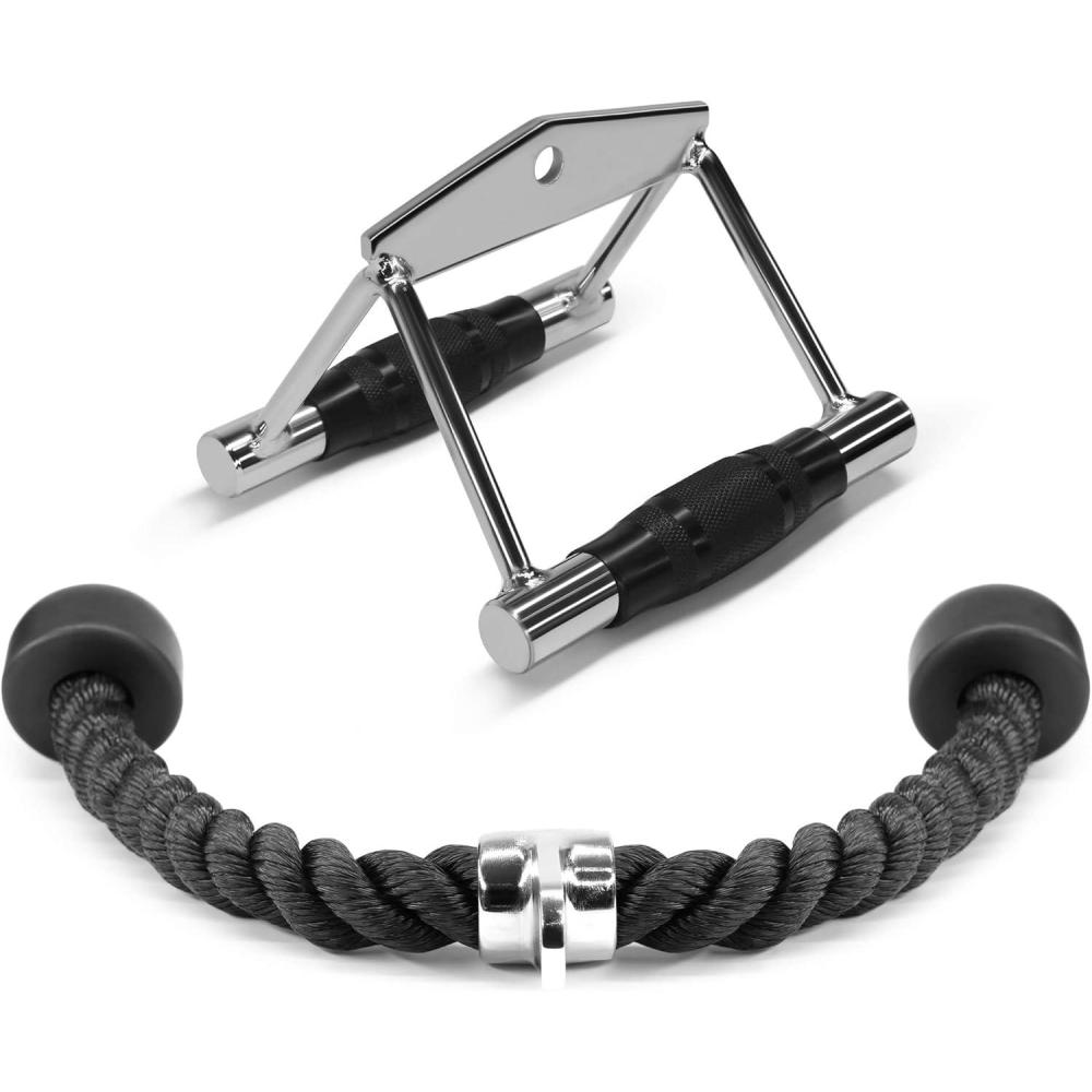 Yes4All Cable Machine Attachment, Row Handles, Tricep Rope, Straight Bar, V Bar, LAT Pulldown Accessories Load 880 LB for Home Gym(B. Double D Handle + TricepRope)