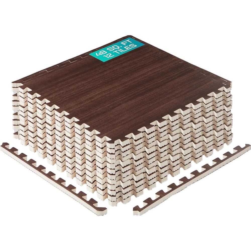 Yes4All EVA Interlocking Mats, Puzzle Floor Tiles, Foam Floor Padding with Border for Furniture, Home Space, Living Room, Garage(H. 48 Square Feet (12 Tiles) – Dark Walnut Wood)