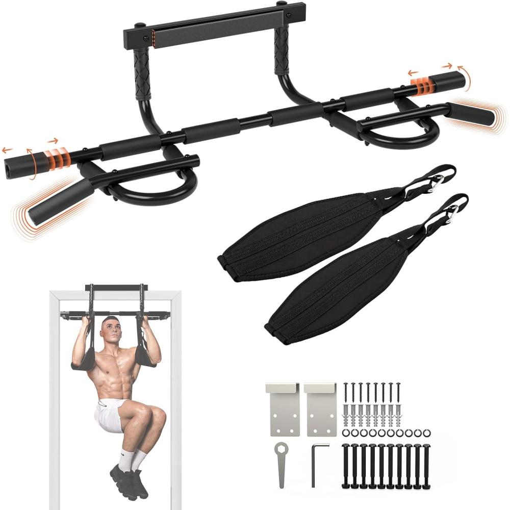 Yes4All Heavy Duty Wall Mounted Pull Up Bar, Over Door Pull Up Bar for Doorway, Multi Grip Chin Up Bar, Sturdy Strength Training Bars & Durable Gym Bar for Home Exercise(Premium Pull Up Bar XSP + Ab Straps)