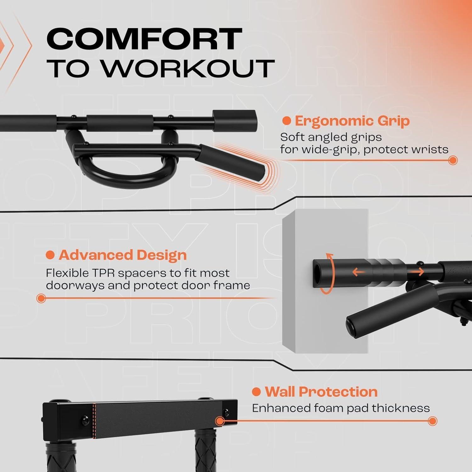 Yes4All Heavy Duty Wall Mounted Pull Up Bar, Over Door Pull Up Bar for Doorway, Multi Grip Chin Up Bar, Sturdy Strength Training Bars & Durable Gym Bar for Home Exercise(Premium Pull Up Bar XSP + Ab Straps)