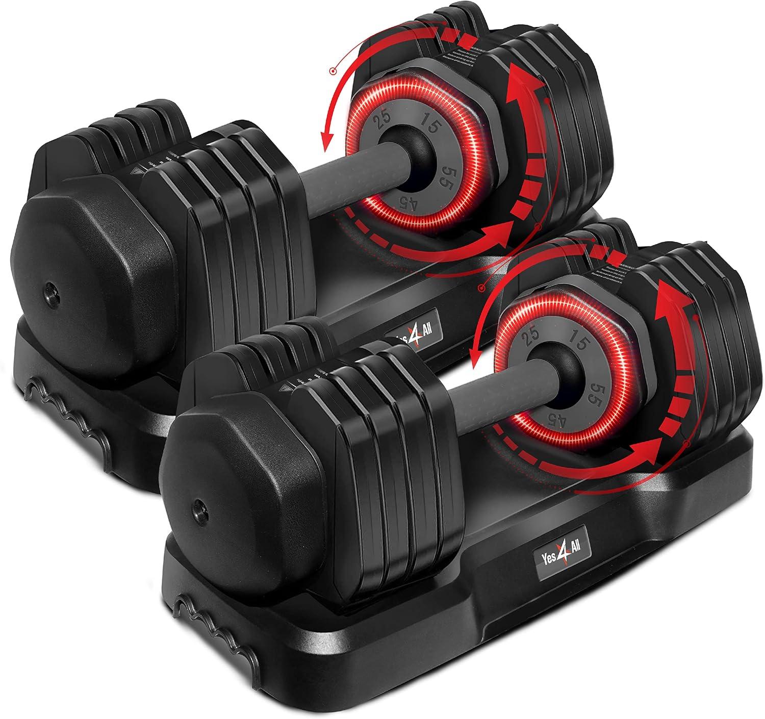 Yes4All 25/55LB Single/Pair Adjustable Dumbbells Weights, 5 in 1 Free Weights Dumbbell with One Second Dial Handle for Different Workout Levels(Grey Grip)