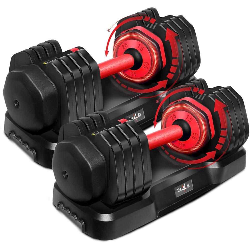 Yes4All 25/55LB Single/Pair Adjustable Dumbbells Weights, 5 in 1 Free Weights Dumbbell with One Second Dial Handle for Different Workout Levels(Red Grip)