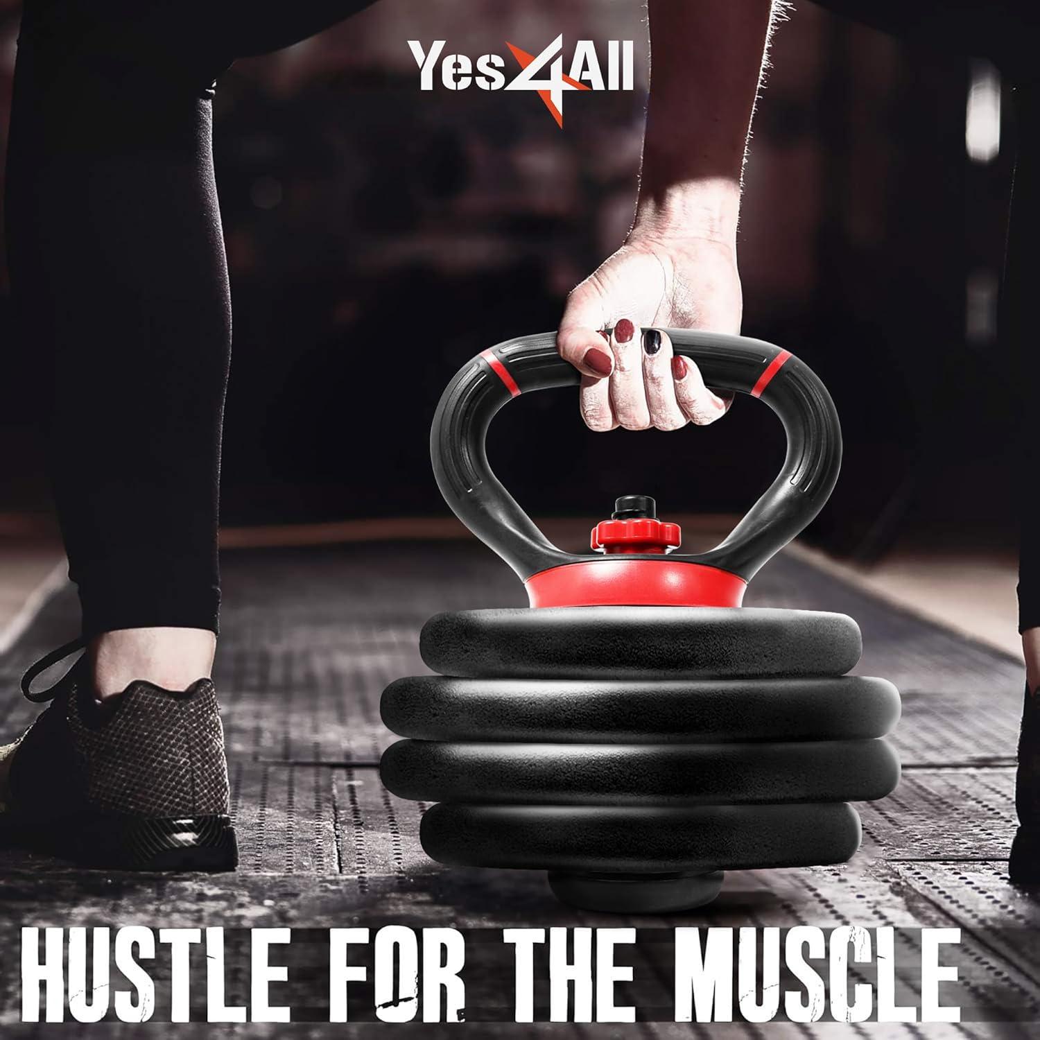 Yes4All Adjustable Kettlebell Handle for Weight Plates, Dumbbell Converter for Strength Training Kettlebells, Home Gym(B. Red – Single)