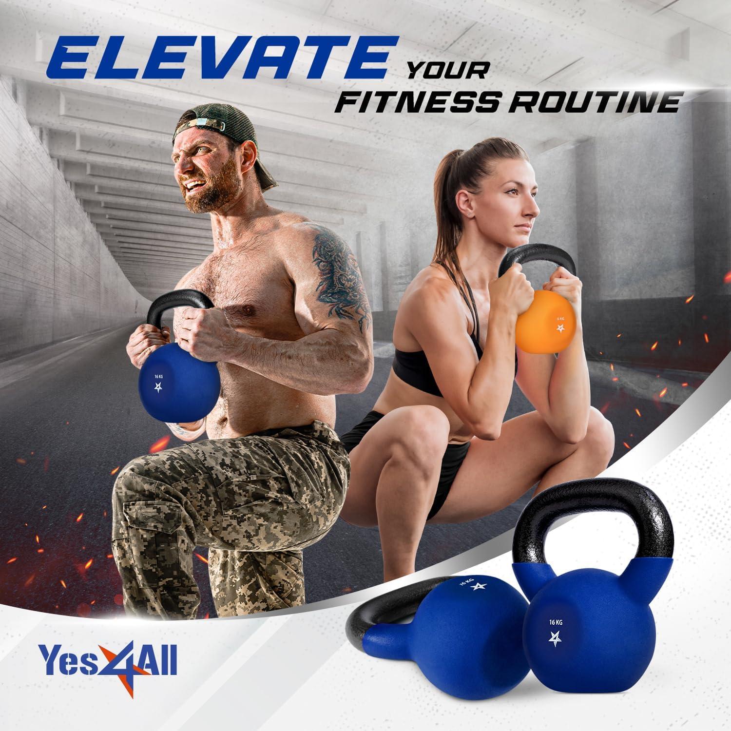 Yes4All 2-32kg Neoprene Coated/Powder Coated Kettlebells Cast Iron, Kettlebell Weight Sets for Home Gym Fitness & Weight Training(G. 16 kg)