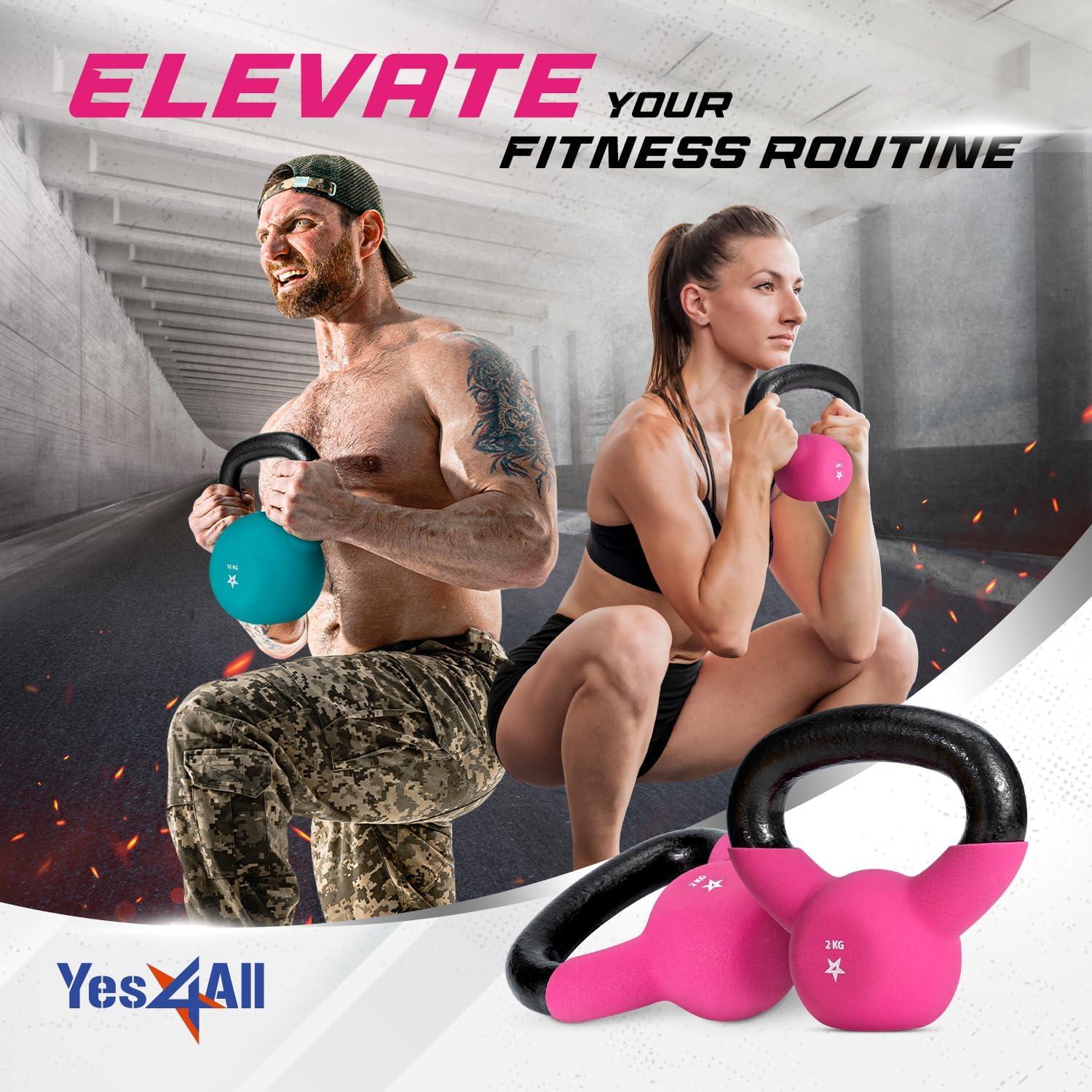 Yes4All 2-32kg Neoprene Coated/Powder Coated Kettlebells Cast Iron, Kettlebell Weight Sets for Home Gym Fitness & Weight Training(A. 2 kg)