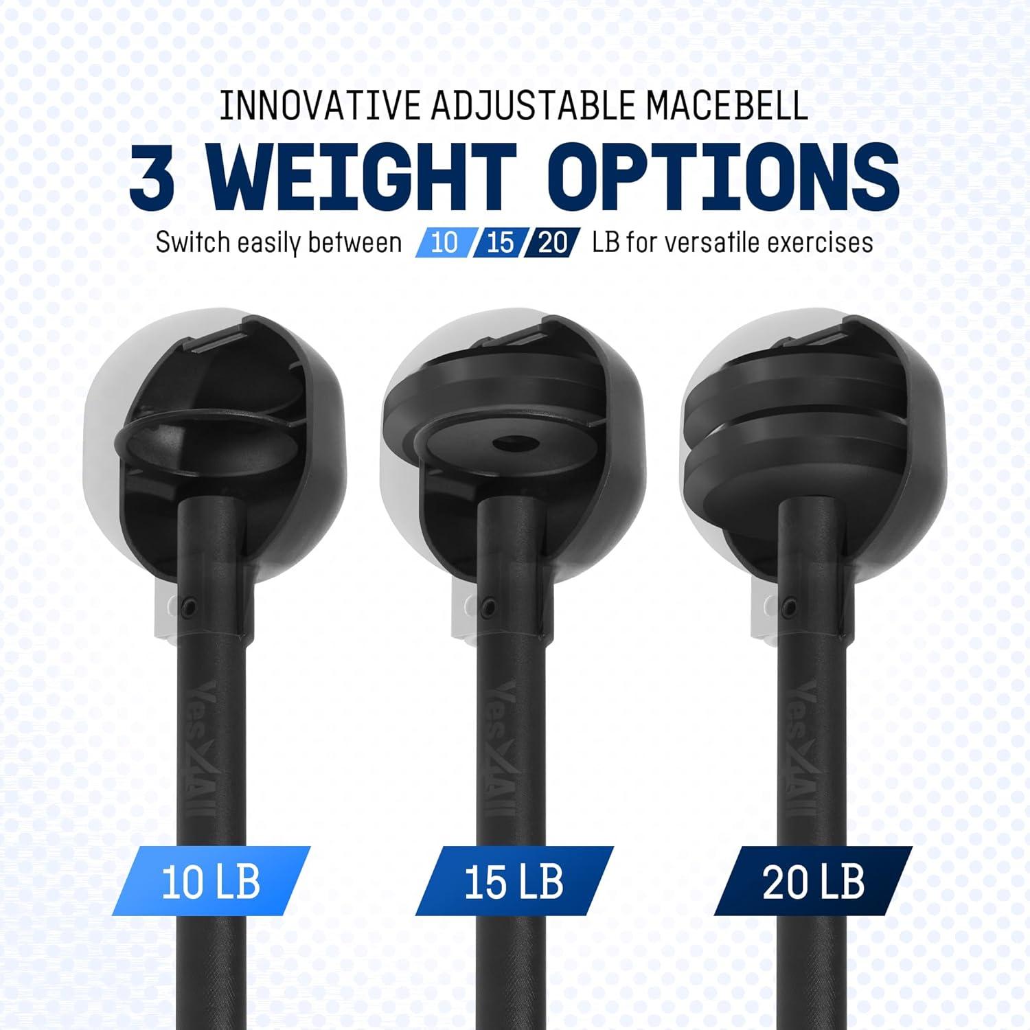 Yes4All Adjustable Macebell, 3-in-1 Steel Mace Weight Club 10/15/20 LB, Workout Mace for Strength Training with Diamond Knurling Handle & Space-Saving Design