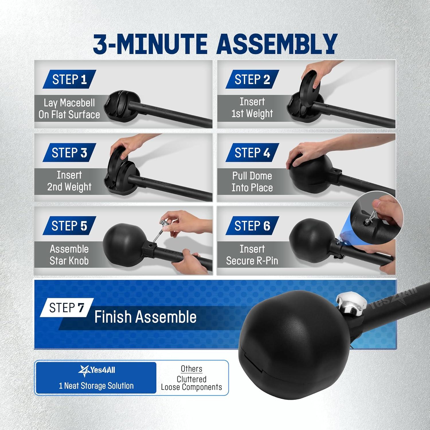 Yes4All Adjustable Macebell, 3-in-1 Steel Mace Weight Club 10/15/20 LB, Workout Mace for Strength Training with Diamond Knurling Handle & Space-Saving Design