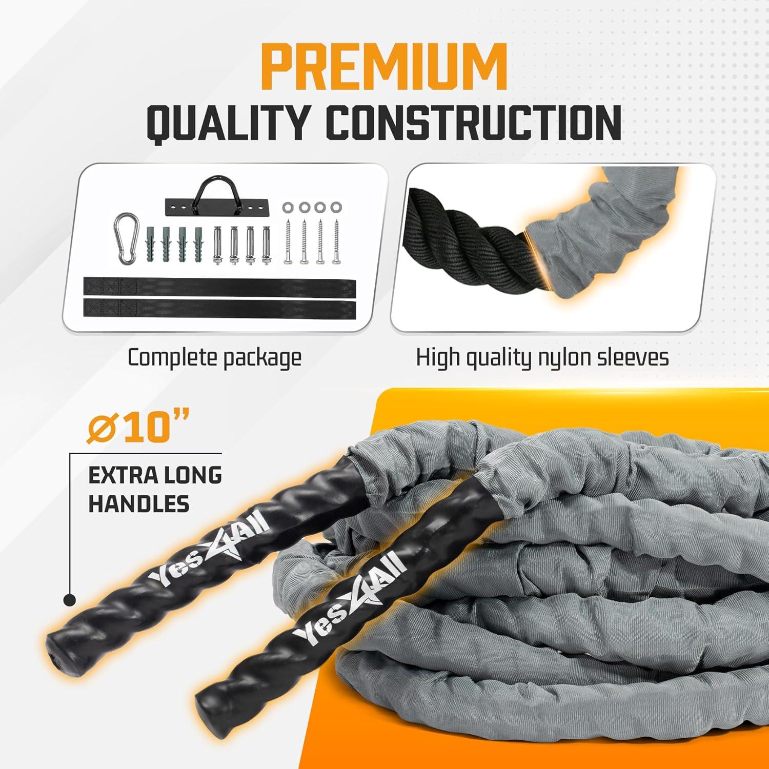 Yes4All Battle Ropes, Workout Rope with Cover, Steel Anchor & Strap Included, Heavy Ropes for Exercise Training – 1.5/2 Inch Diameter, 30, 40, 50 Ft Length(1.5in – 30ft)