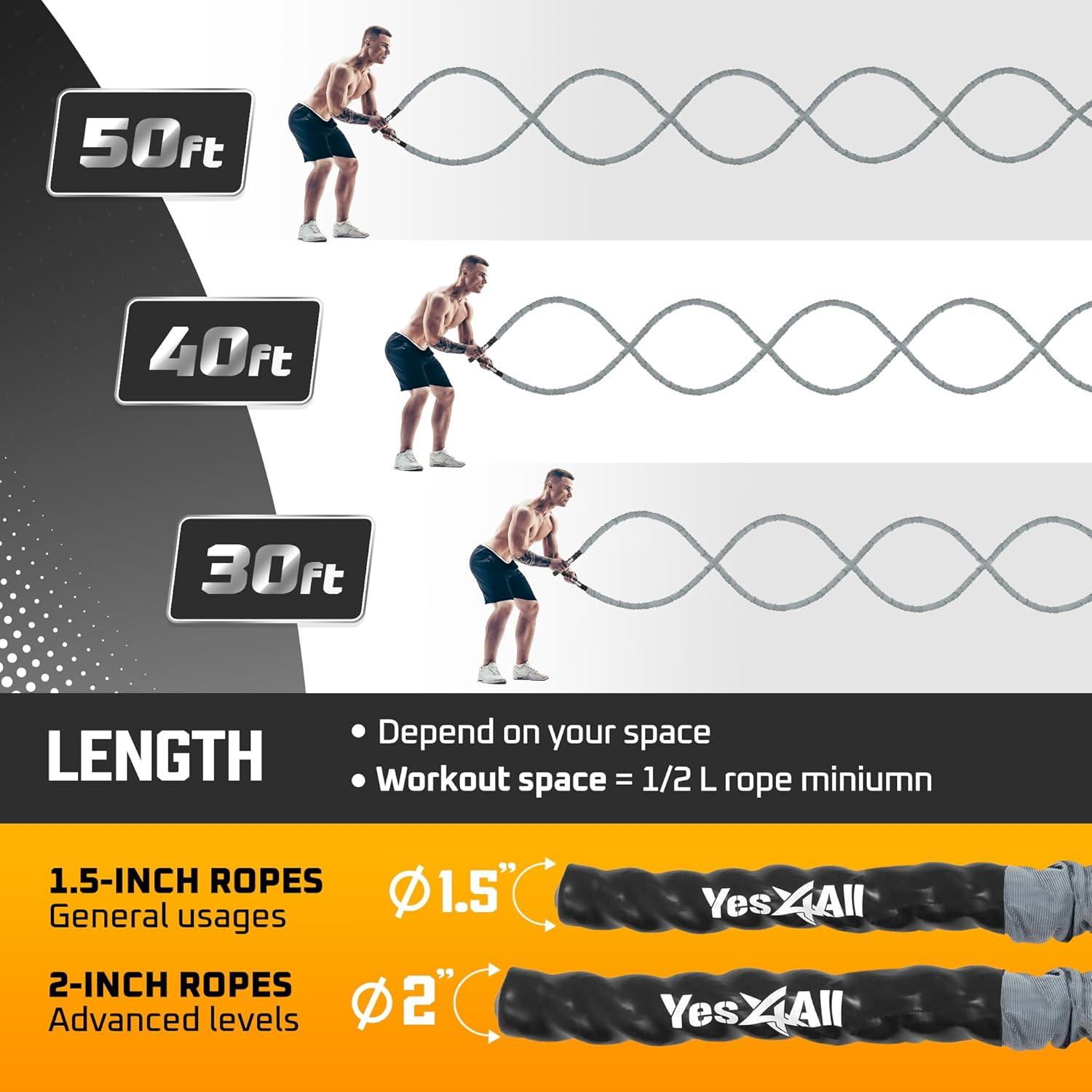 Yes4All Battle Ropes, Workout Rope with Cover, Steel Anchor & Strap Included, Heavy Ropes for Exercise Training – 1.5/2 Inch Diameter, 30, 40, 50 Ft Length(1.5in – 30ft)