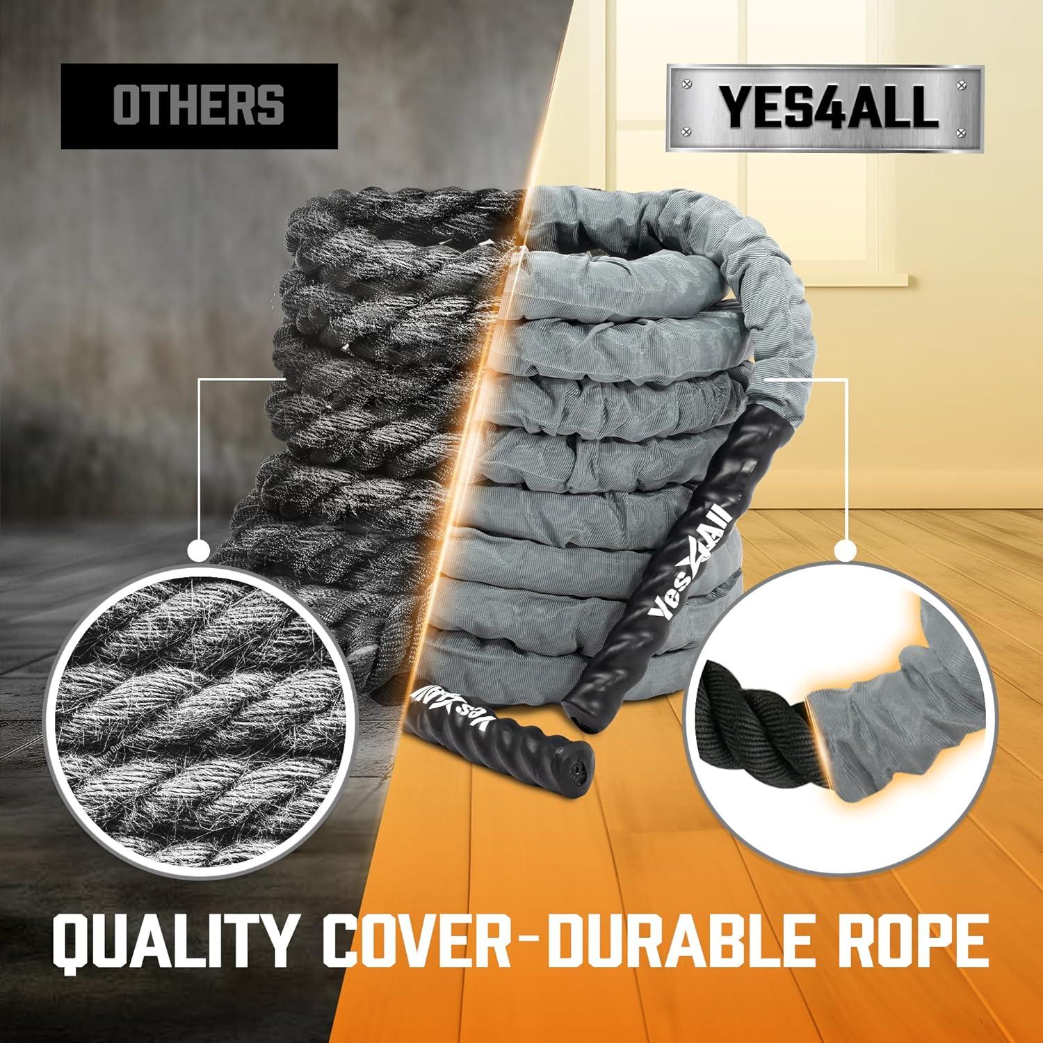 Yes4All Battle Ropes, Workout Rope with Cover, Steel Anchor & Strap Included, Heavy Ropes for Exercise Training – 1.5/2 Inch Diameter, 30, 40, 50 Ft Length(1.5in – 30ft)