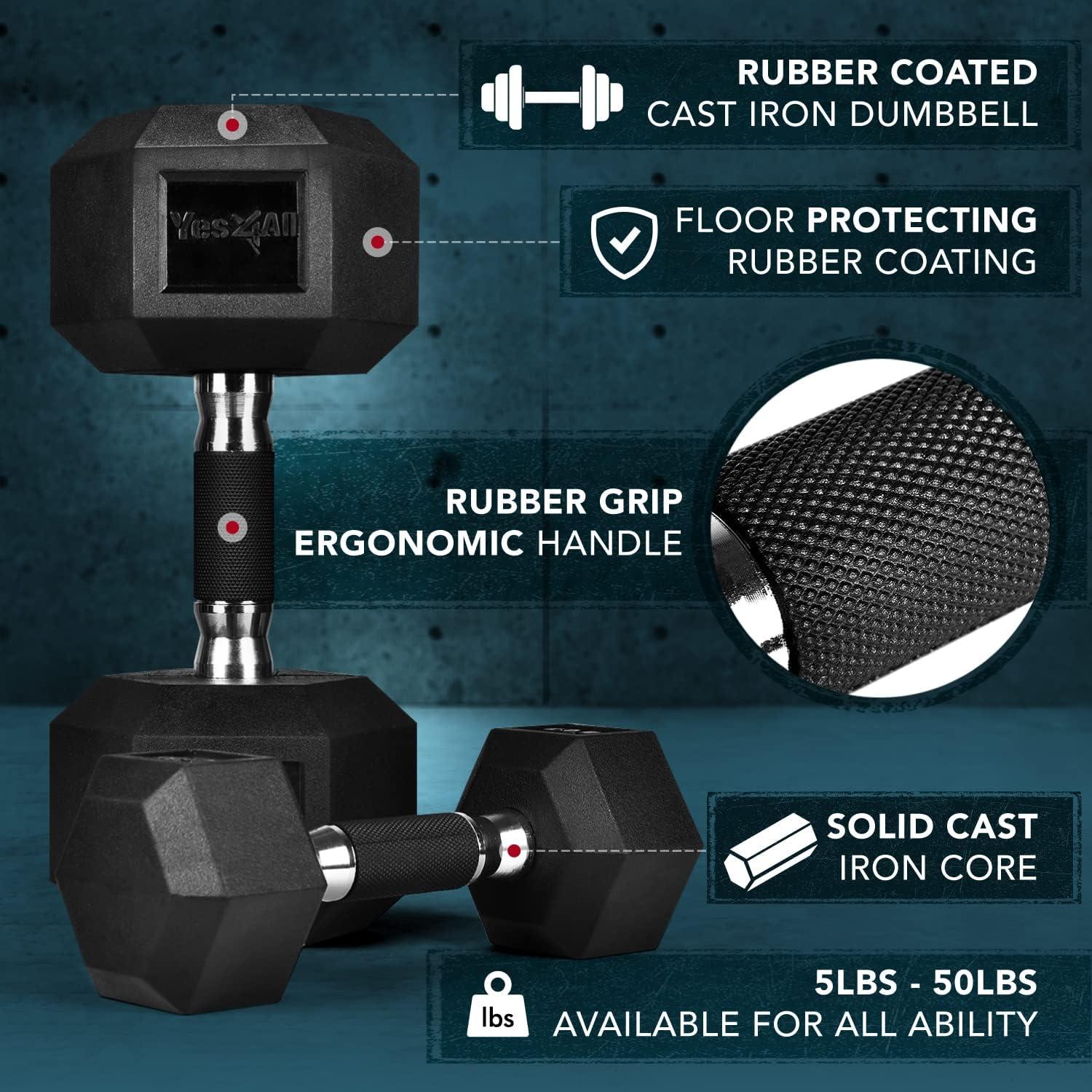 Yes4All Dumbbell Hex Rubber Grip/Heavy Weight Urethane Dumbbell and Combo Kettle Grip for Multifunctional Full Body Workout and Strength Training(I. 45 Lbs)