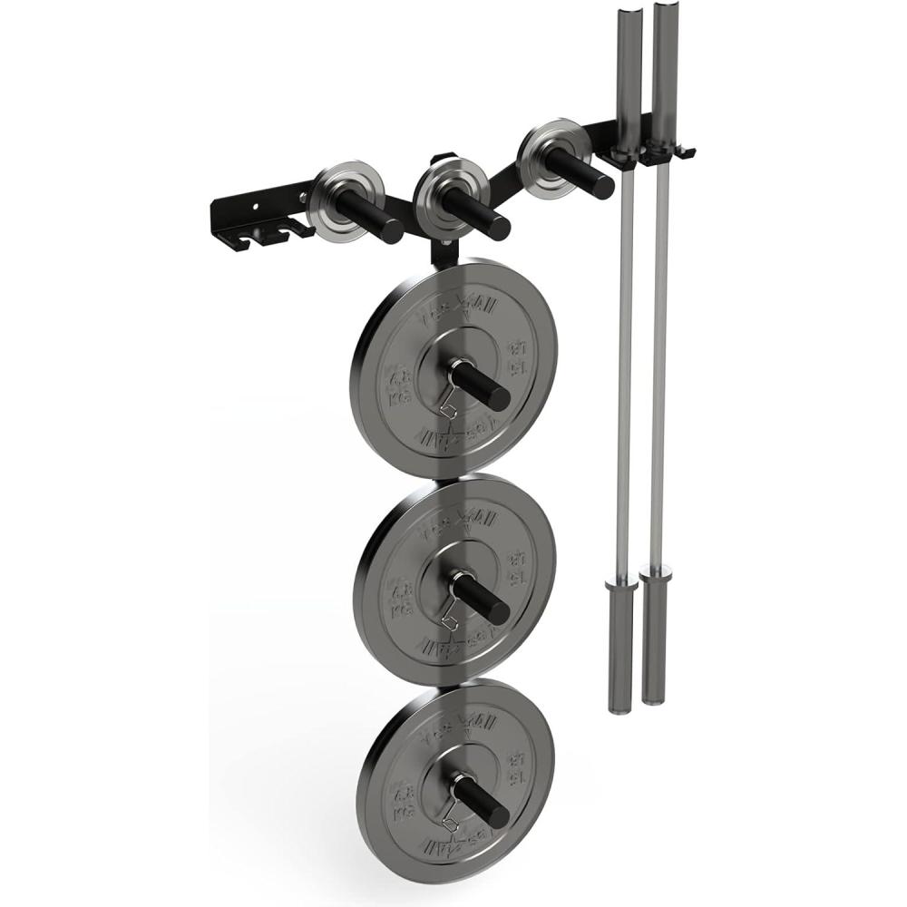 Yes4All 6 Pegs & 4 Barbell Storage Racks Load Up to 1190 LBS – Wall Mounted Weight Plate Tree & Barbell Holder(A. Wall Mounted (Black))