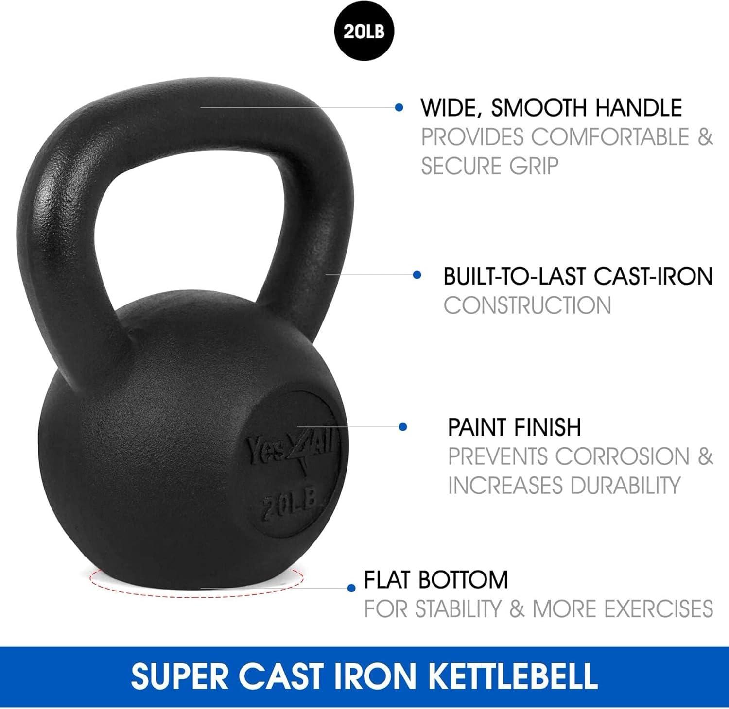 Yes4All Cast Iron Kettlebell, Strength Training Kettlebells 5-80 Lb (5,10,15,20,25,30,35,40,45,50,60,70,80 Lb) for Full Body Workout, Push up, Strength Training – Single & Kettlebell Set of 2 for Men(D.Black 20lbs)