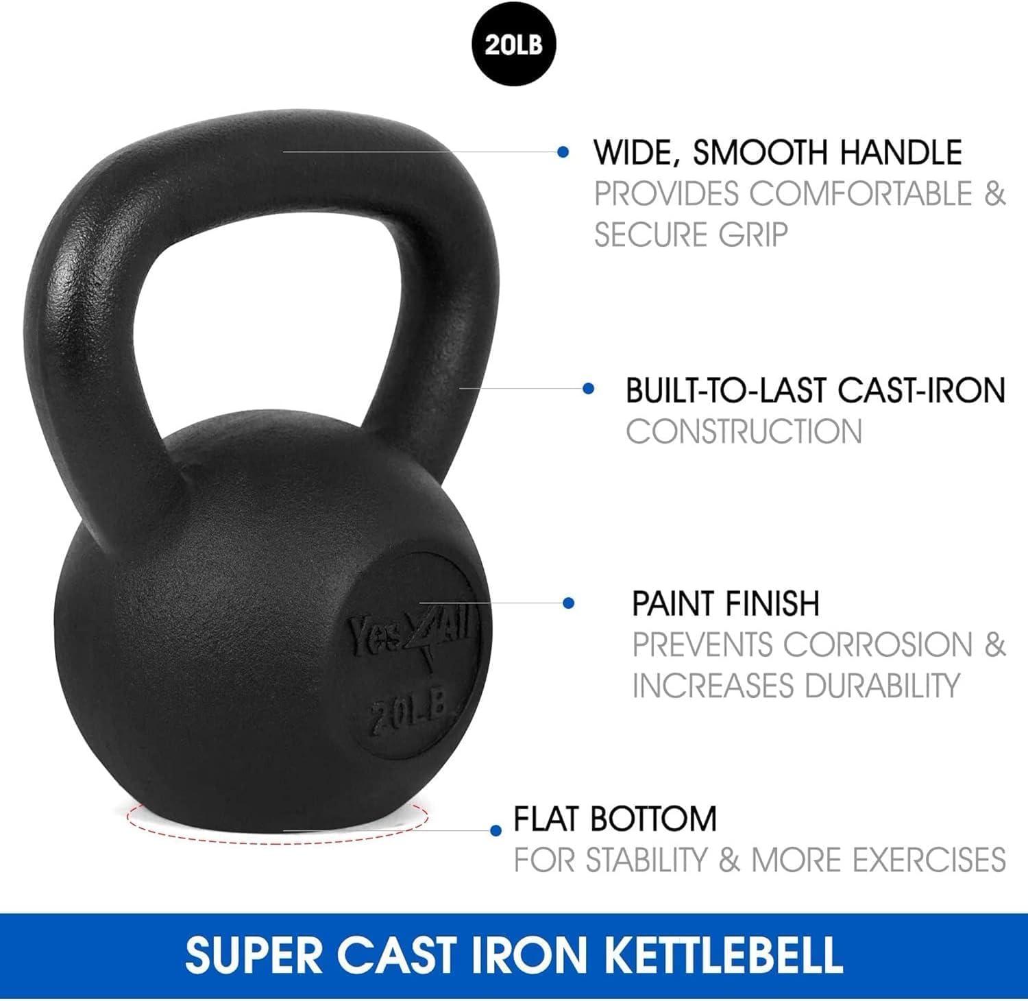 Yes4All Cast Iron Kettlebell, Strength Training Kettlebells 5-80 Lb (5,10,15,20,25,30,35,40,45,50,60,70,80 Lb) for Full Body Workout, Push up, Strength Training – Single & Kettlebell Set of 2 for Men(D.Black 20lbs)