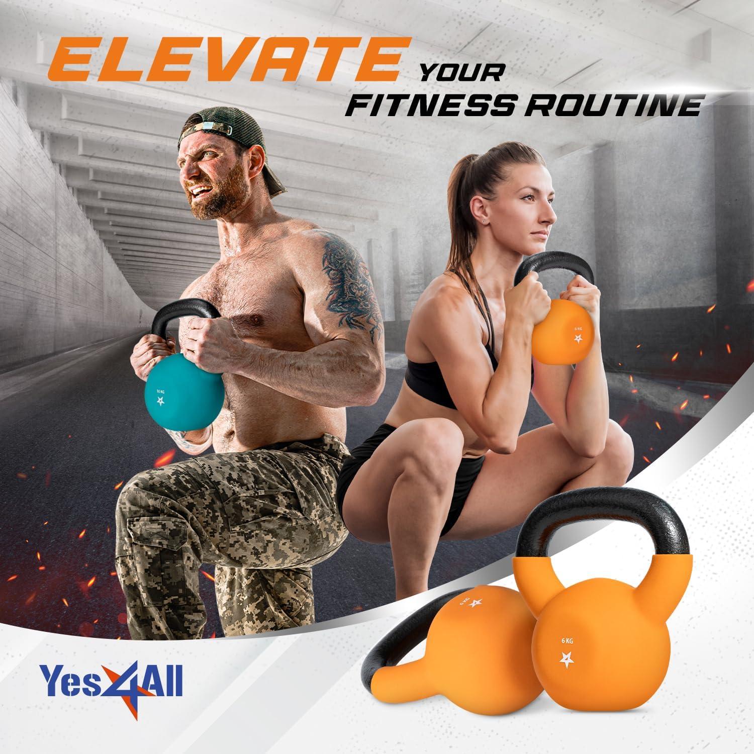Yes4All 2-32kg Neoprene Coated/Powder Coated Kettlebells Cast Iron, Kettlebell Weight Sets for Home Gym Fitness & Weight Training(C. 6 kg)