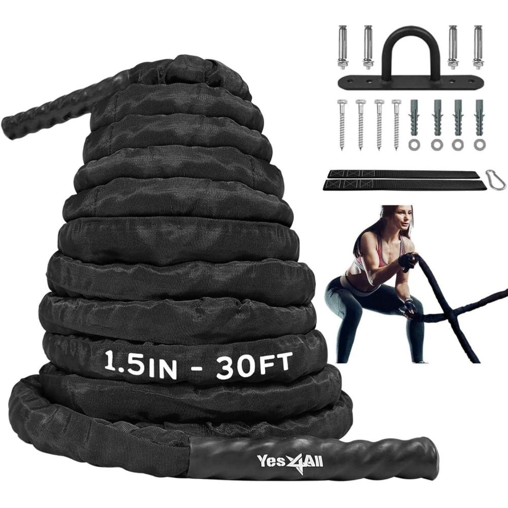 Yes4All Battle Rope with Protective Cover – Steel Anchor & Strap Included – Poly Dacron 1.5in – 30ft