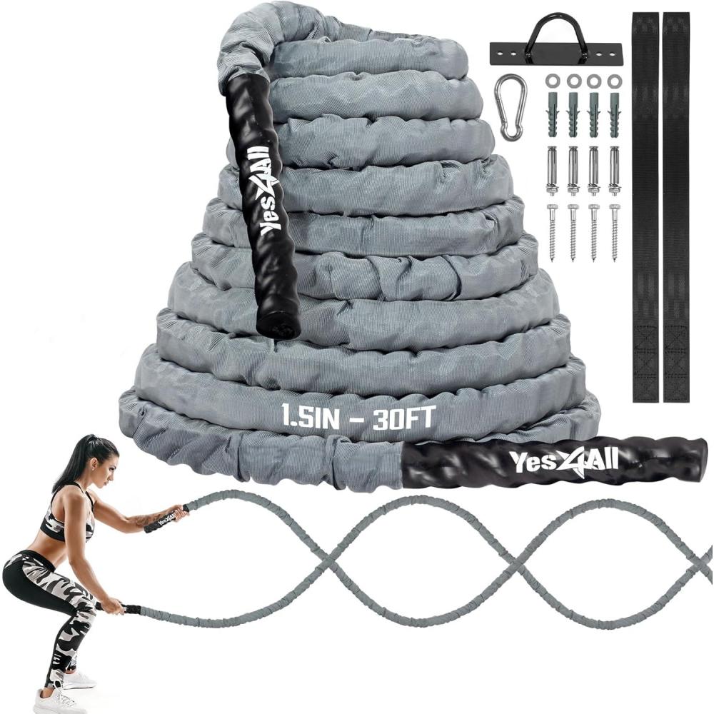 Yes4All Battle Ropes, Workout Rope with Cover, Steel Anchor & Strap Included, Heavy Ropes for Exercise Training – 1.5/2 Inch Diameter, 30, 40, 50 Ft Length(1.5in – 30ft)