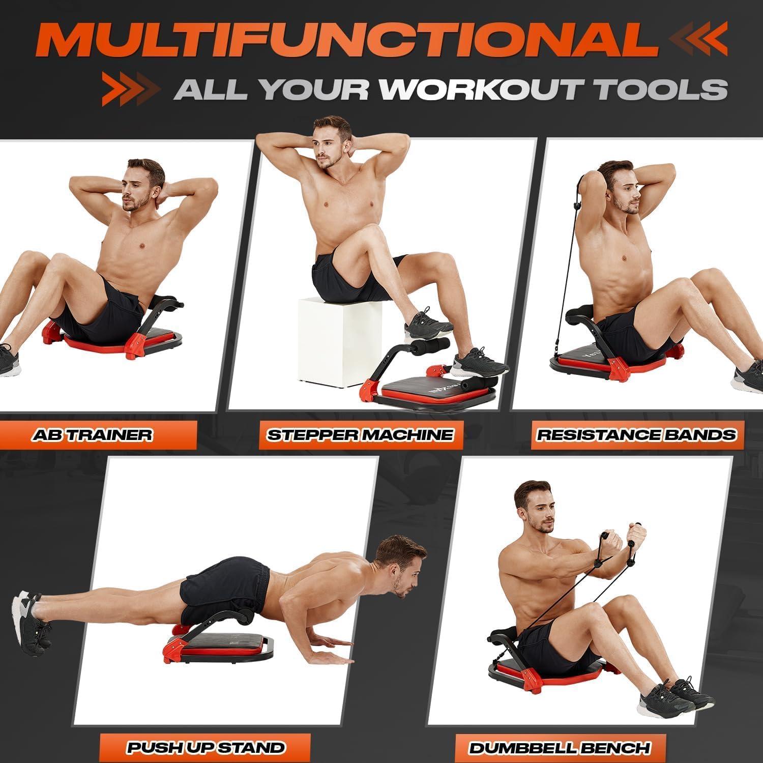 Yes4All Ab Crunch Machine For Total Body & Core Abdominal, Situp Lockable With Ergonomic Foam Handle & 2 Resistance Bands(Red & Black)