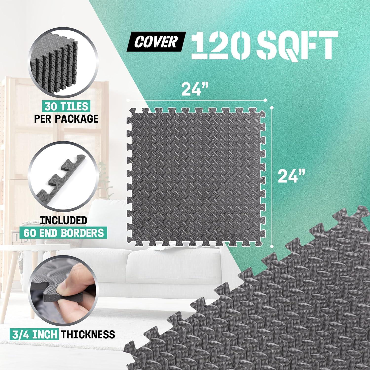 Yes4All EVA Interlocking Mats, Puzzle Floor Tiles, Foam Floor Padding with Border for Furniture, Home Space, Living Room, Garage 120 SQFT