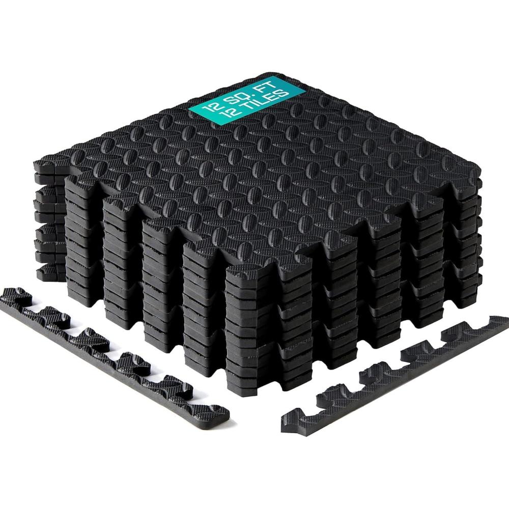 Yes4All 12,16,36 SQ.FT Puzzle Exercise Mat for Home Gym, EVA Interlocking Foam Floor Tiles with Border for Workout Equipment(A’. Interlocking Exercise Mat – Black – 12pcs)