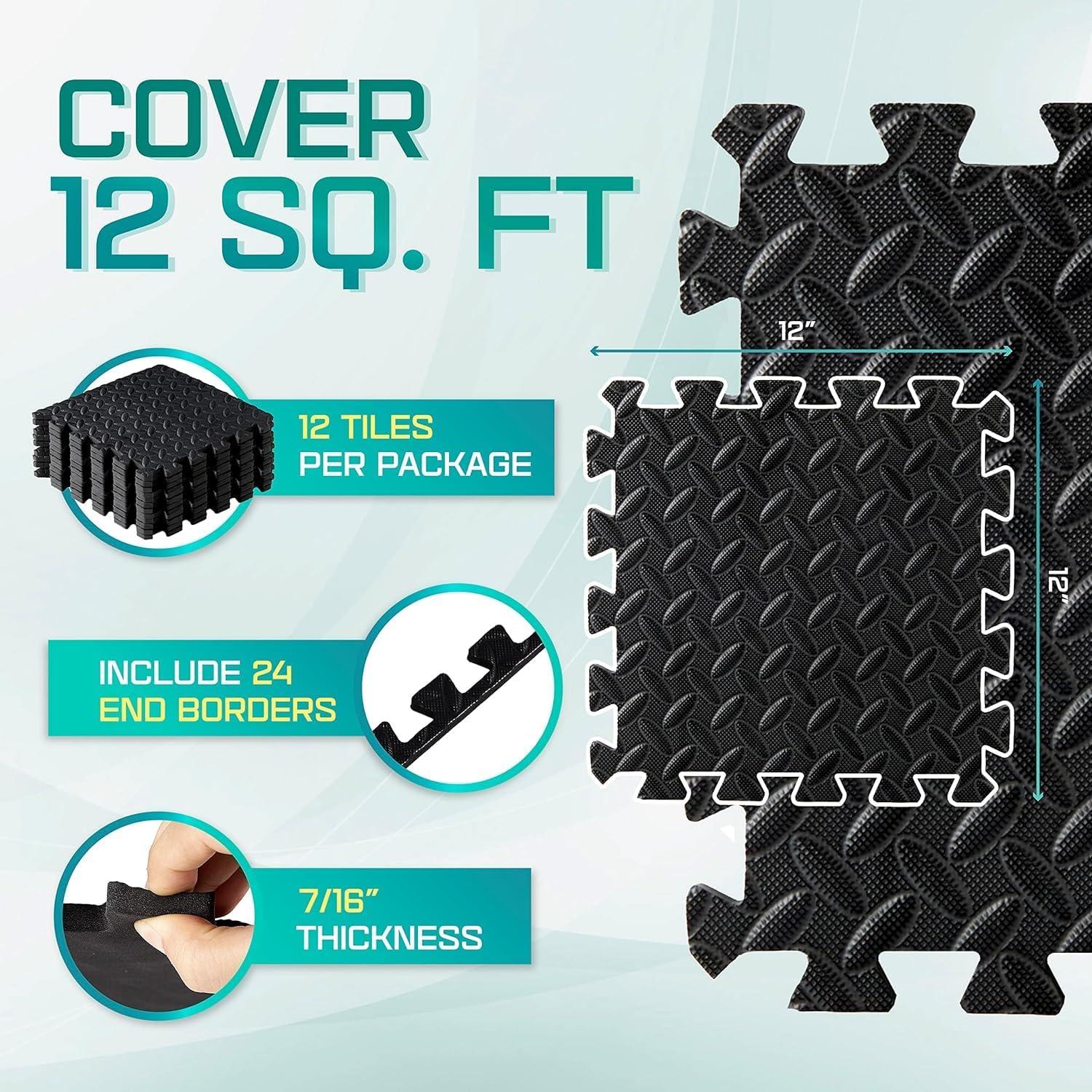 Yes4All 12,16,36 SQ.FT Puzzle Exercise Mat for Home Gym, EVA Interlocking Foam Floor Tiles with Border for Workout Equipment(A’. Interlocking Exercise Mat – Black – 12pcs)