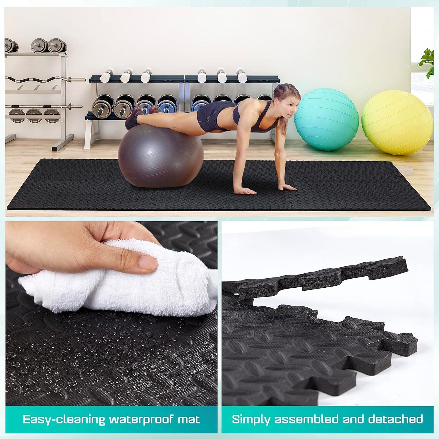 Yes4All 12,16,36 SQ.FT Puzzle Exercise Mat for Home Gym, EVA Interlocking Foam Floor Tiles with Border for Workout Equipment(A’. Interlocking Exercise Mat – Black – 12pcs)