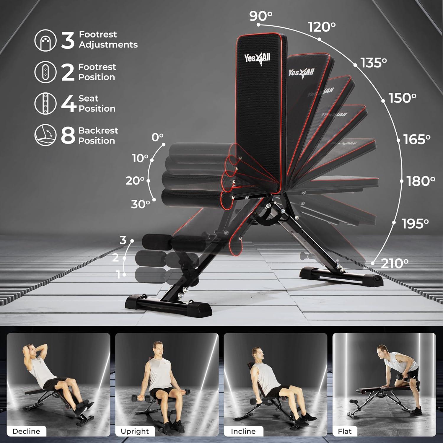 Yes4All Adjustable Weight Bench, Sturdy 880Lb Foldable Workout Bench for Home Gym for Strength Training with 1 Pair of Bands(Black)