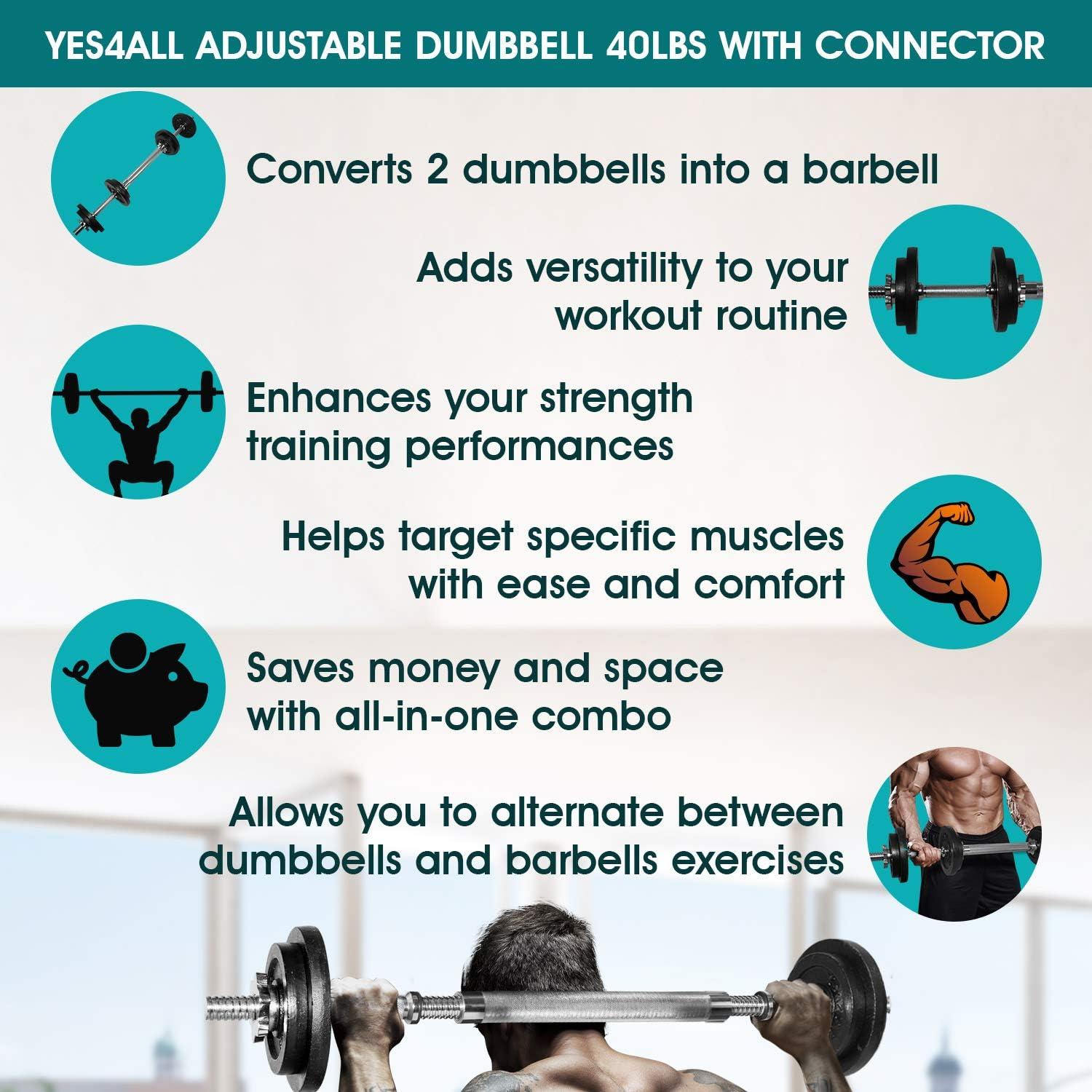 Yes4All Adjustable Dumbbell Set with Weight Plates/Connector – Exercise & Workout Equipment – Size Options 40lbs to 200lbs(D. Barbell 40LB or 20LB Dumbbell Pair)