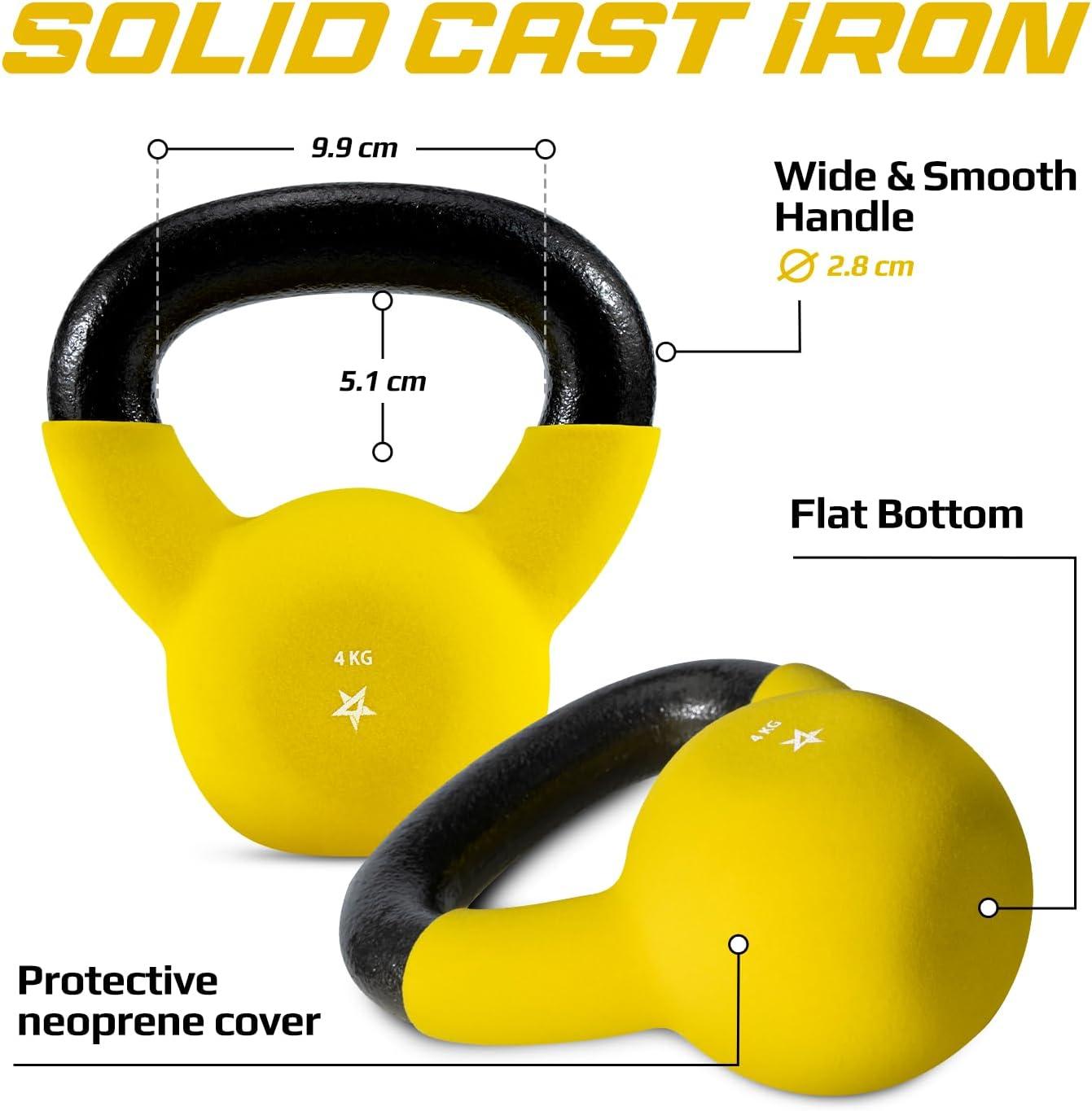 Yes4All 2-32kg Neoprene Coated/Powder Coated Kettlebells Cast Iron, Kettlebell Weight Sets for Home Gym Fitness & Weight Training(4 kg – Yellow)