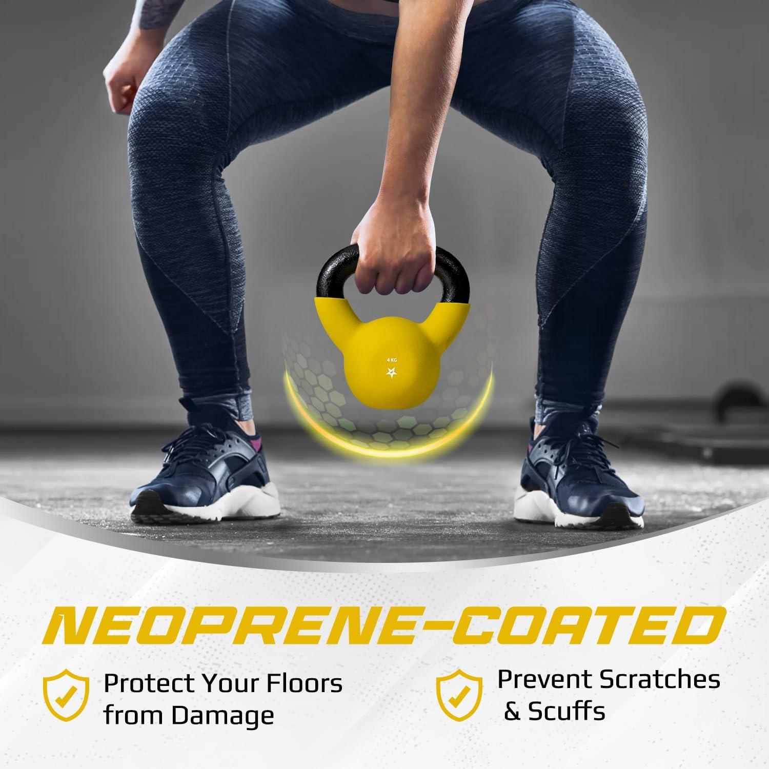 Yes4All 2-32kg Neoprene Coated/Powder Coated Kettlebells Cast Iron, Kettlebell Weight Sets for Home Gym Fitness & Weight Training(4 kg – Yellow)