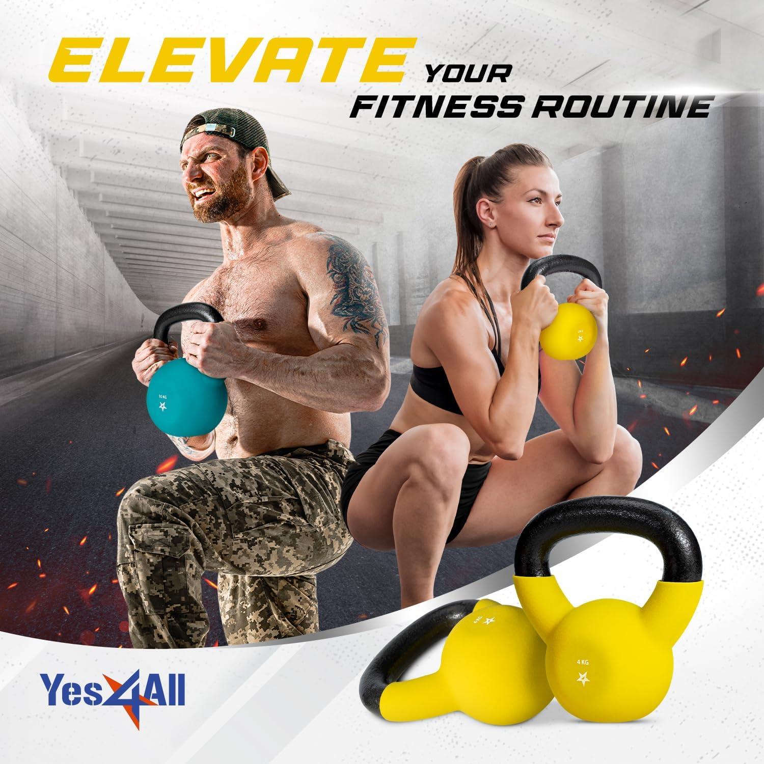 Yes4All 2-32kg Neoprene Coated/Powder Coated Kettlebells Cast Iron, Kettlebell Weight Sets for Home Gym Fitness & Weight Training(4 kg – Yellow)