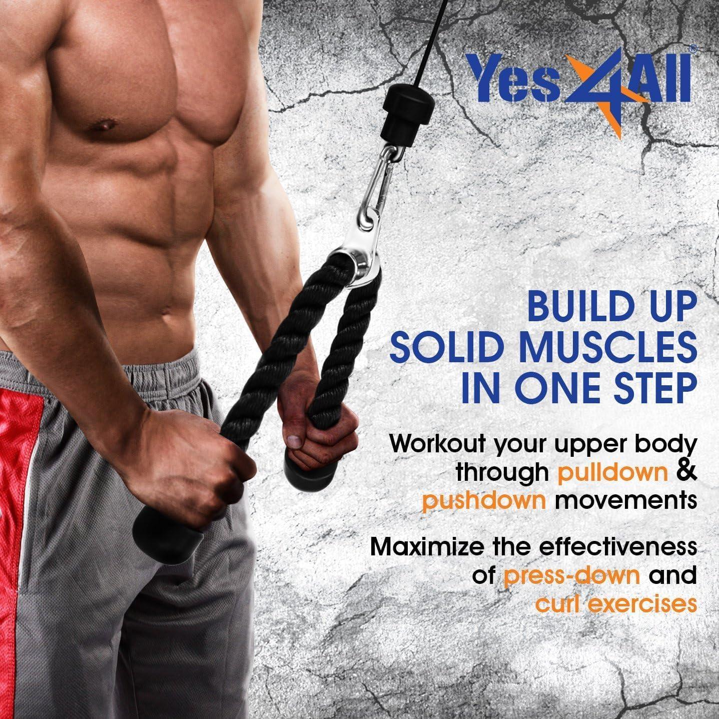Yes4All Wide Grip Curl LAT Pull Down Bar Attachments Rubber Handgrips/Curl Bar/Press Down for Cable Pulley System Machine(E. Tricep Rope + Single D Handle)
