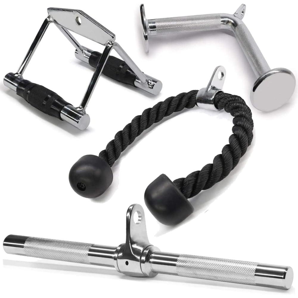 Yes4All Cable Machine Attachment, Row Handles, Tricep Rope, Straight Bar, V Bar, LAT Pulldown Accessories Load 880 LB for Home Gym(E. Tricep Rope + Double D + Straight Bar + V Bar)