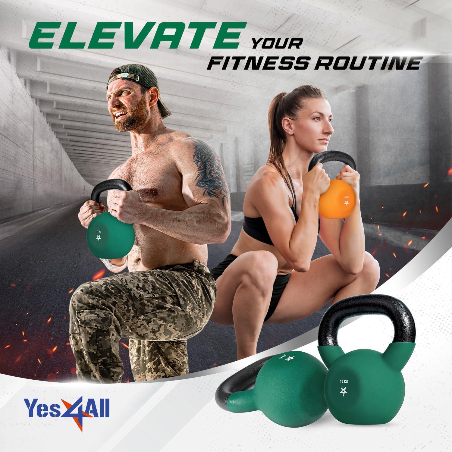 Yes4All 2-32kg Neoprene Coated/Powder Coated Kettlebells Cast Iron, Kettlebell Weight Sets for Home Gym Fitness & Weight Training(F. 12 kg)