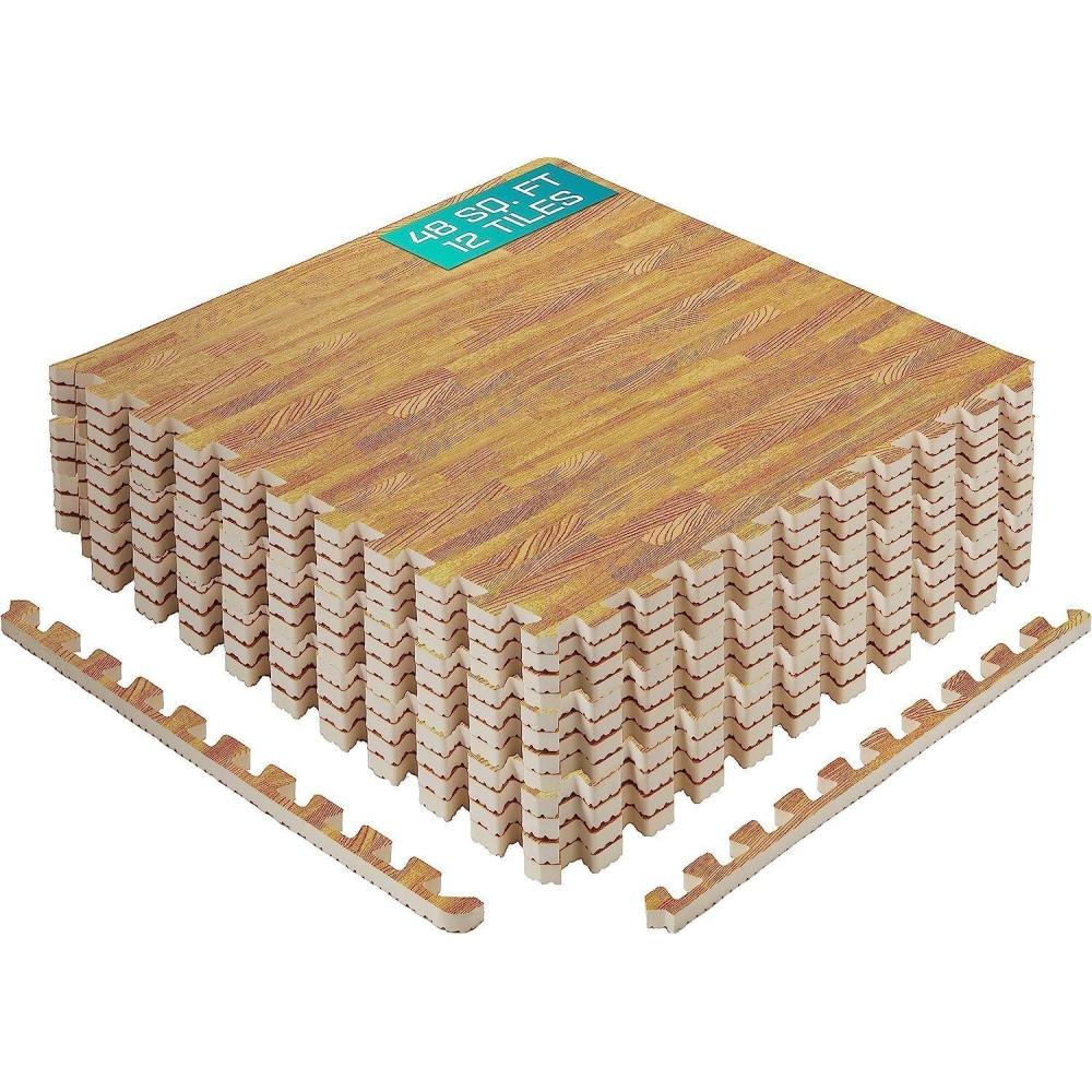 Yes4All EVA Interlocking Mats, Puzzle Floor Tiles, Foam Floor Padding with Border for Furniture, Home Space, Living Room, Garage(F. 48 Square Feet (12 Tiles) – Light Oak Wood)