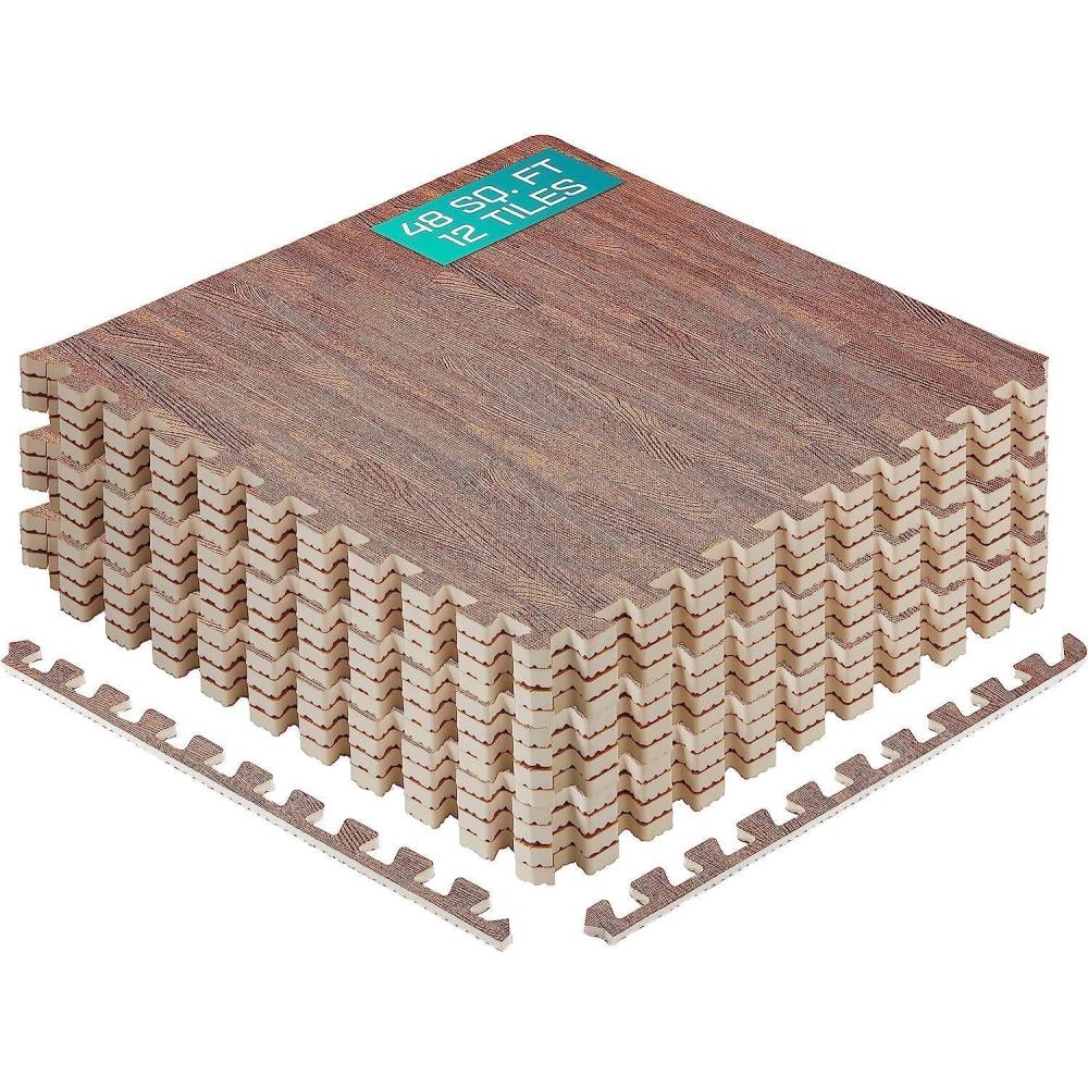 Yes4All EVA Interlocking Mats, Puzzle Floor Tiles, Foam Floor Padding with Border for Furniture, Home Space, Living Room, Garage(G. 48 Square Feet (12 Tiles) – Dark Oak Wood)