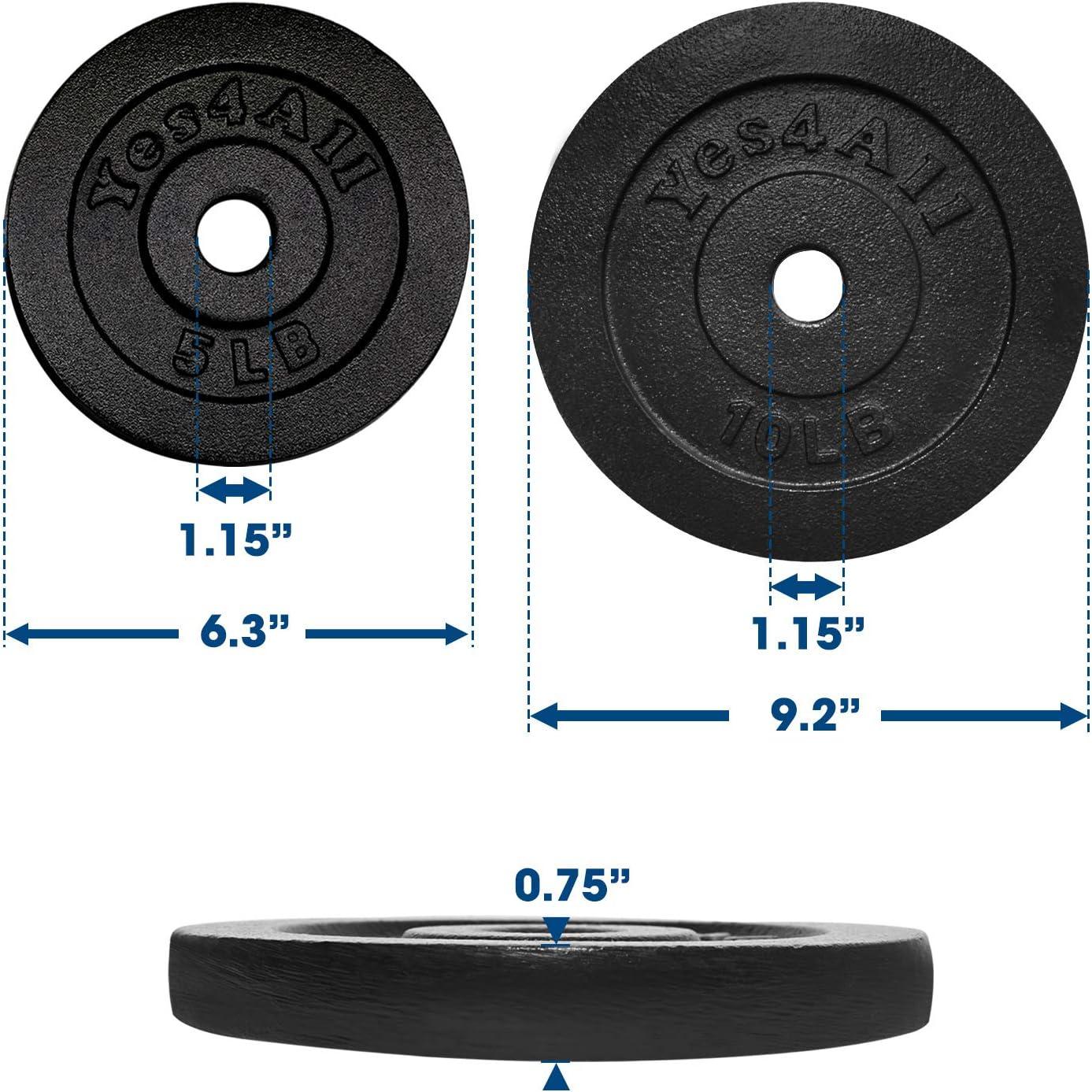 Yes4All 1.15 Inch Cast Iron Weight Plate – Ideal for Dumbbell Handle, Strength Training & Weightlifting (Set) – 1.25 + 2.5 + 5 +10lbs – Pair (Set of 8)