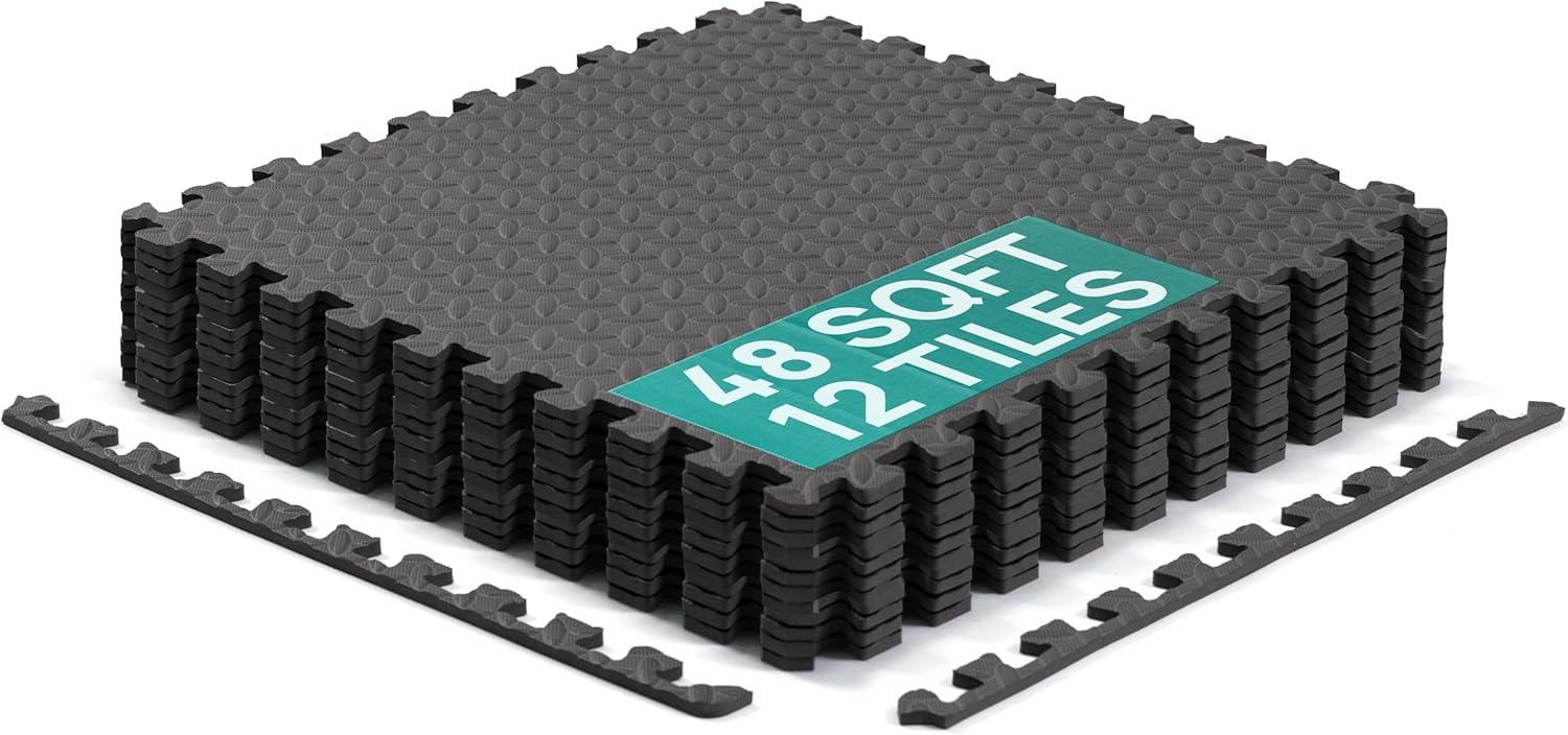 Yes4All 24SQFT-120SQFT Puzzle Exercise Mat for Home Gym, EVA Interlocking Foam Floor Tiles with Border for Workout Equipment(Black)