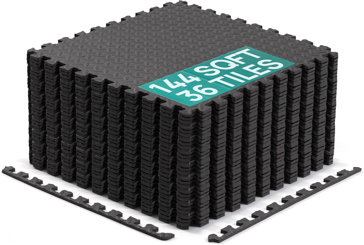 Yes4All 24SQFT-120SQFT Puzzle Exercise Mat for Home Gym, EVA Interlocking Foam Floor Tiles with Border for Workout Equipment(Black)