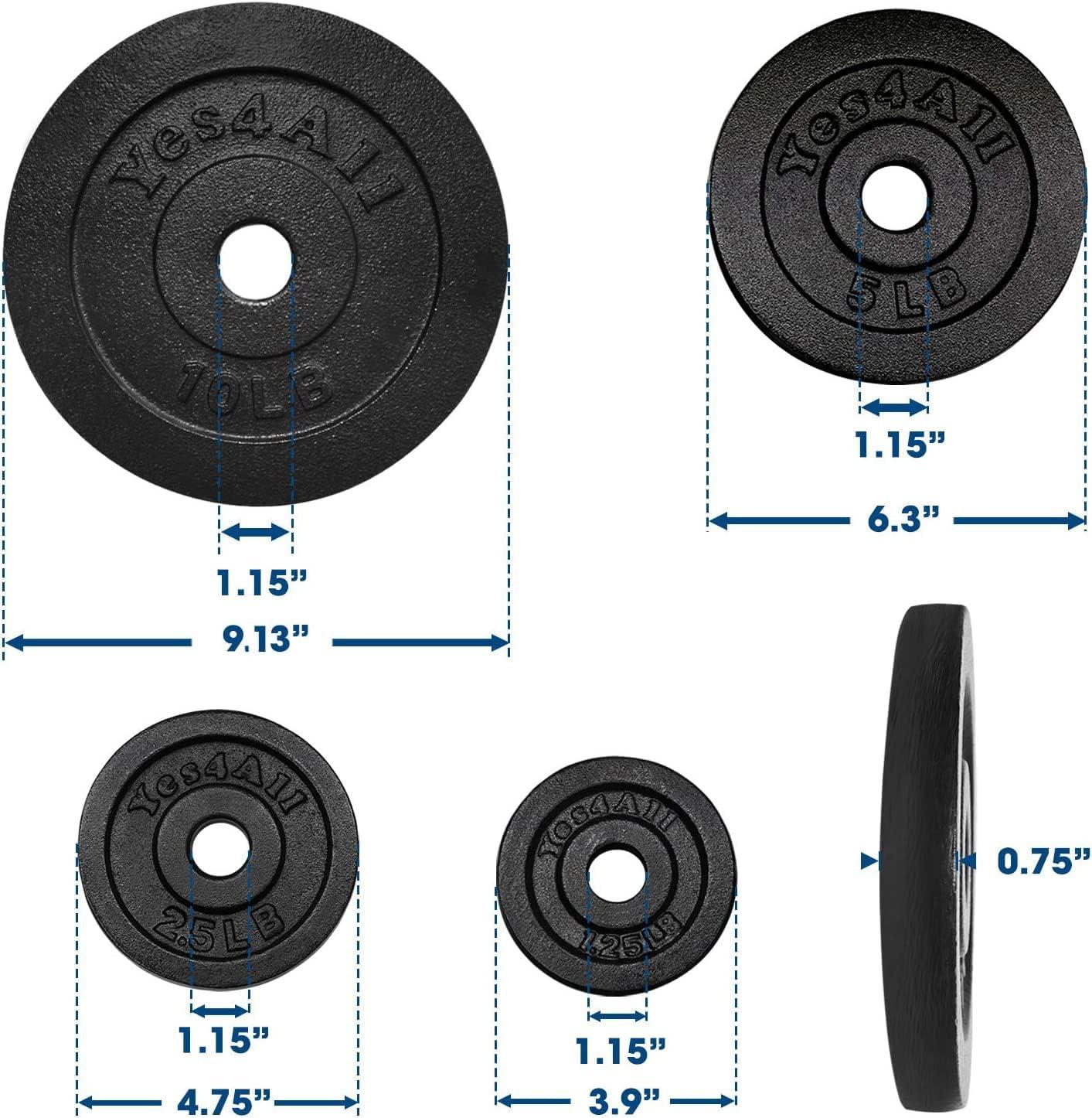 Yes4All 1.15 Inch Cast Iron Weight Plate – Ideal for Dumbbell Handle, Strength Training & Weightlifting (Set)(2×1.25lb + 2×2.5lb + 2x5lb +10lb (Set of 8))