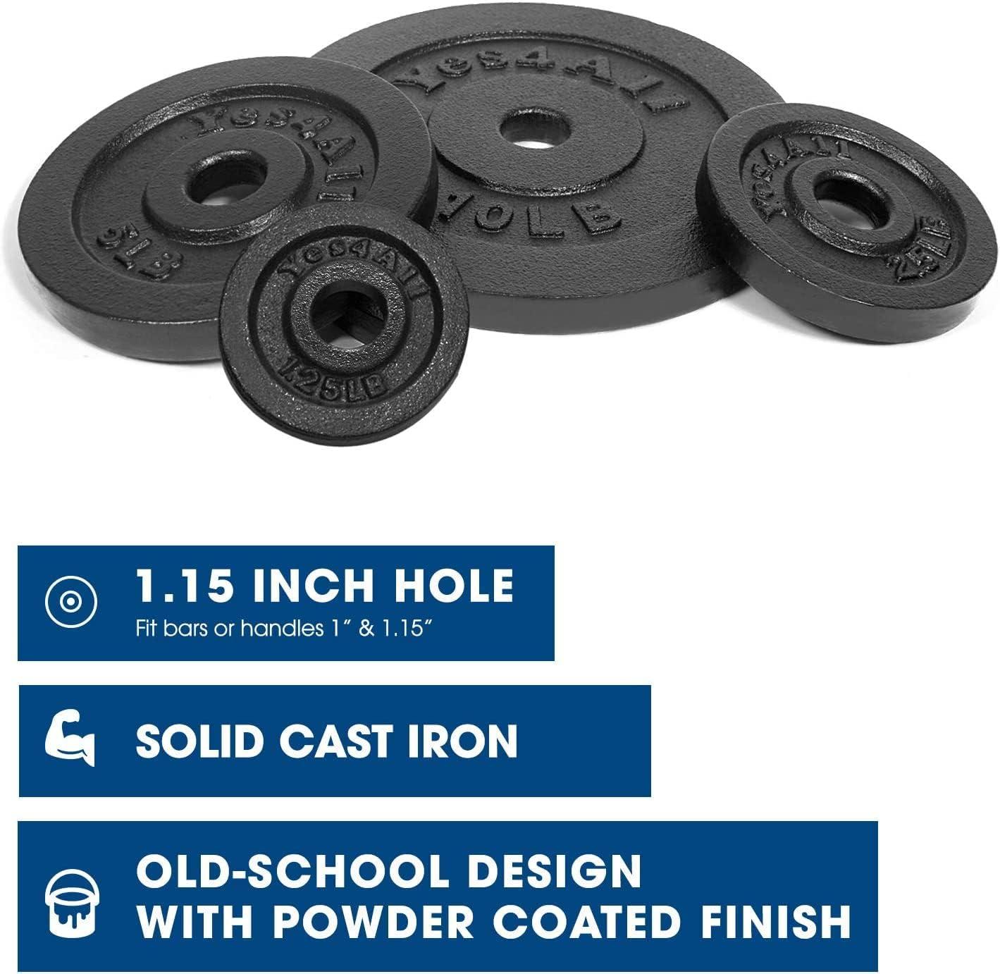 Yes4All 1.15 Inch Cast Iron Weight Plate – Ideal for Dumbbell Handle, Strength Training & Weightlifting (Set)(2×1.25lb + 2×2.5lb + 2x5lb +10lb (Set of 8))