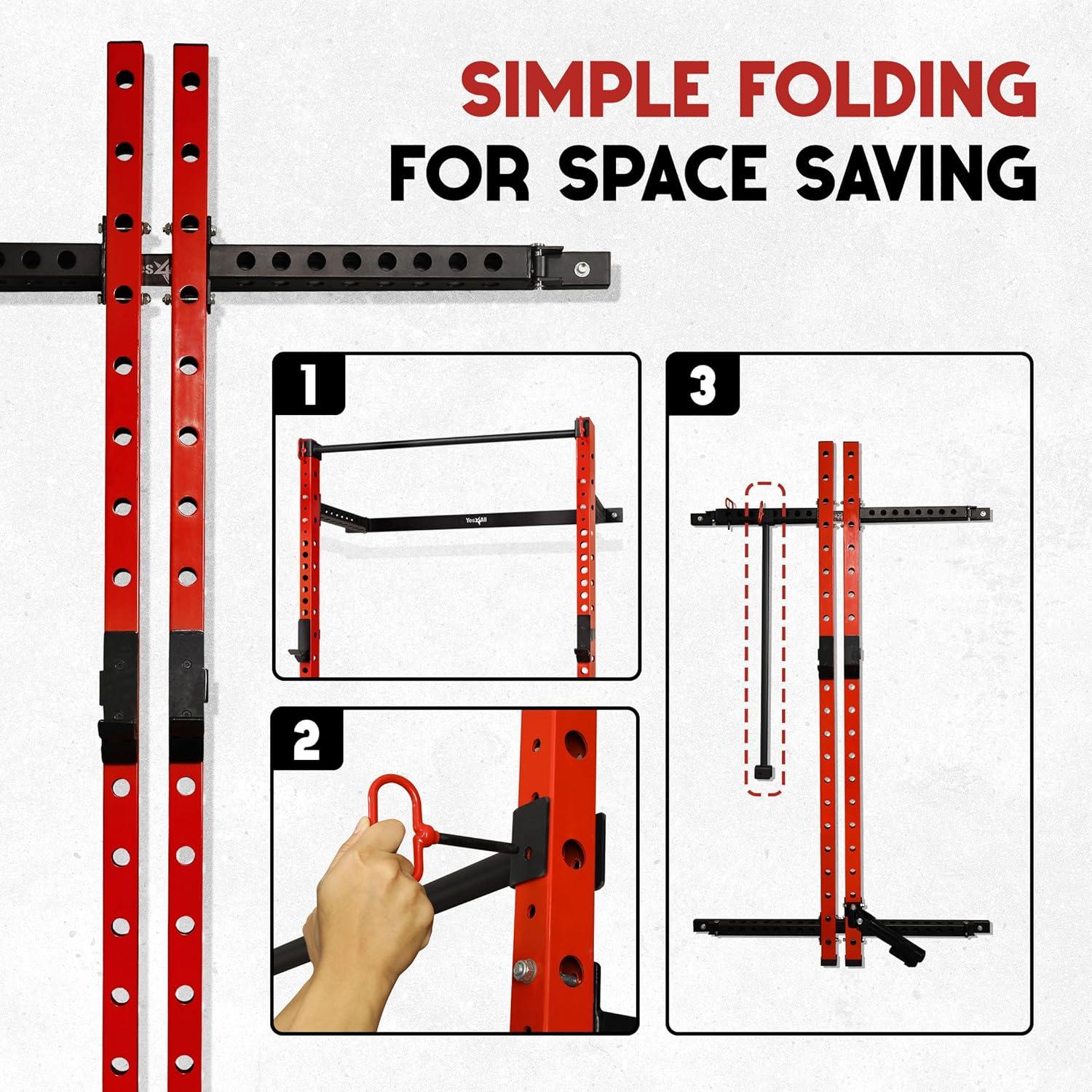 Yes4All 2″ x 2″ Tube with 1″ Hole Space Saving Folding Wall Mounted Squat Rack for Home Gym, 1000lbs Capacity Steel Power Cage with Adjustable Pull-Up Bar, 360 Degree Landmine & Strong Steel J-Hooks