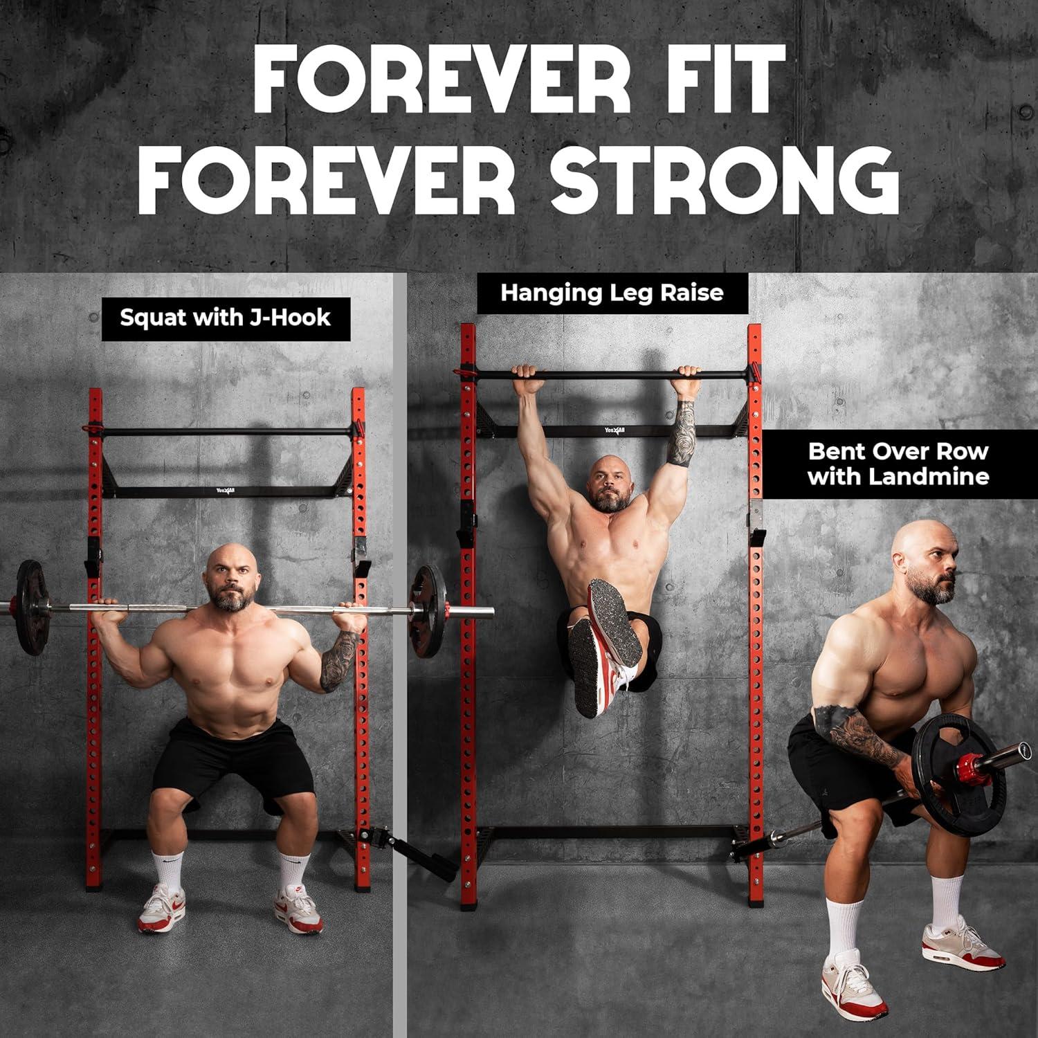Yes4All 2″ x 2″ Tube with 1″ Hole Space Saving Folding Wall Mounted Squat Rack for Home Gym, 1000lbs Capacity Steel Power Cage with Adjustable Pull-Up Bar, 360 Degree Landmine & Strong Steel J-Hooks
