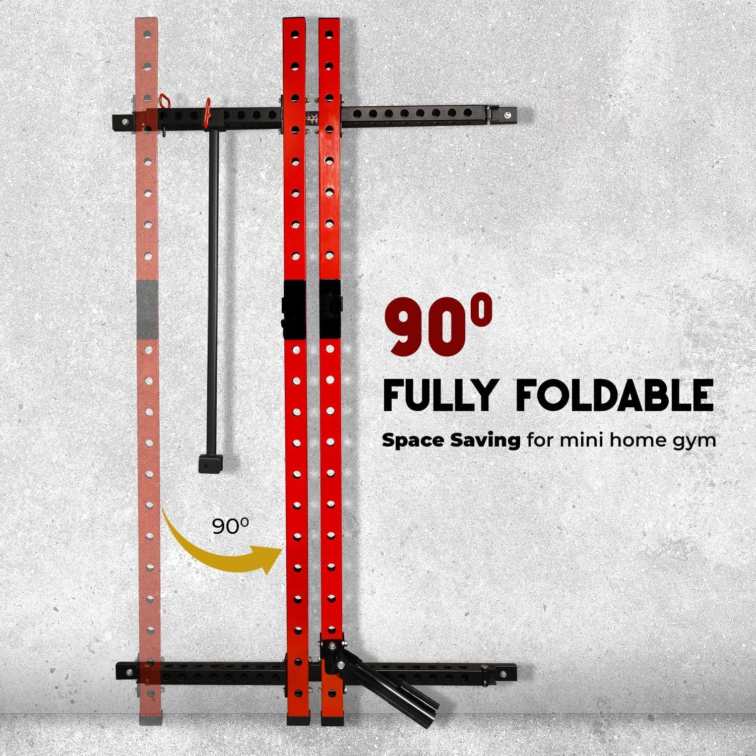 Yes4All 2″ x 2″ Tube with 1″ Hole Space Saving Folding Wall Mounted Squat Rack for Home Gym, 1000lbs Capacity Steel Power Cage with Adjustable Pull-Up Bar, 360 Degree Landmine & Strong Steel J-Hooks