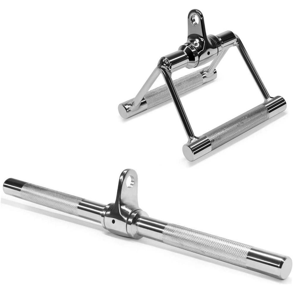 Yes4All Cable Machine Attachment, Row Handles, Tricep Rope, Straight Bar, V Bar, LAT Pulldown Accessories Load 880 LB for Home Gym(I. Double D Handle + Rotating Bar (Chrome))