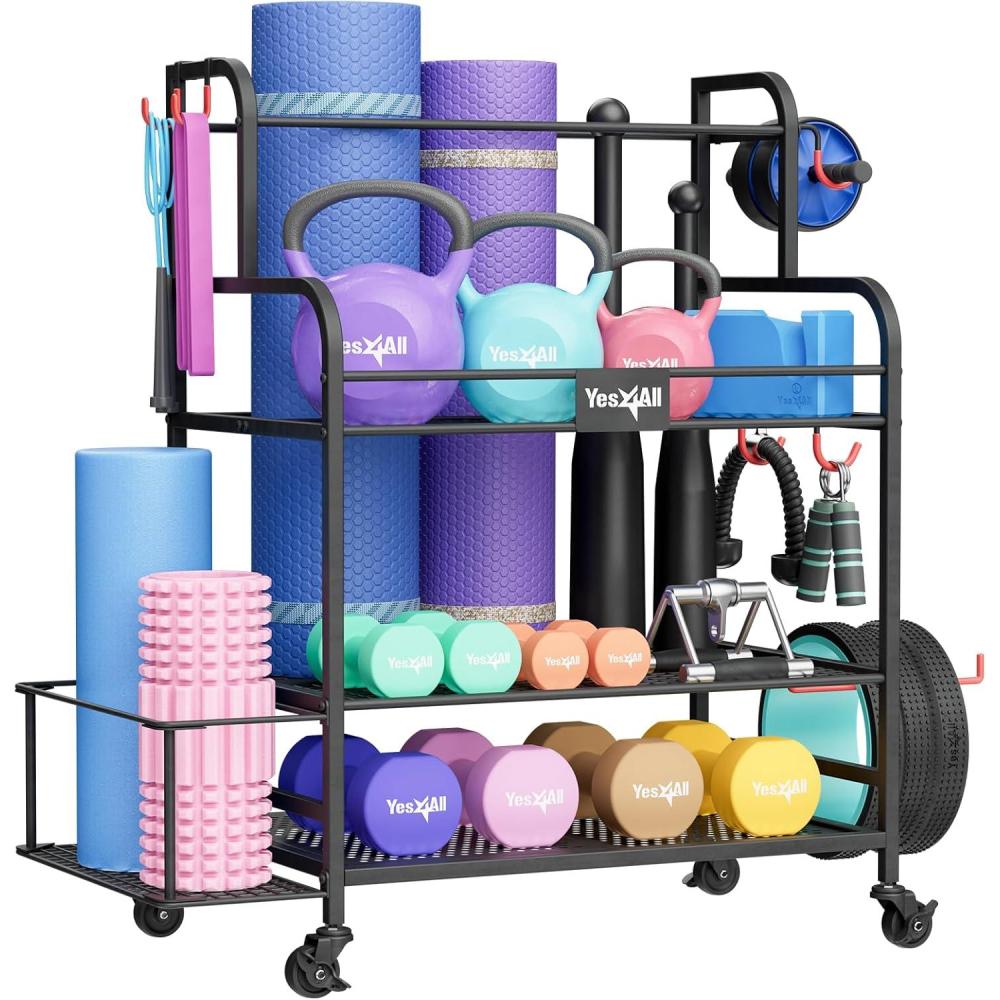 Yes4All Dumbbell Rack, Weight Rack for Home Gym, Sports Equipment Organizer for Dumbbells Kettlebells Yoga Mat Foam Roller and Balls, All in One Gym Workout Storage with Wheels and Hooks, Black