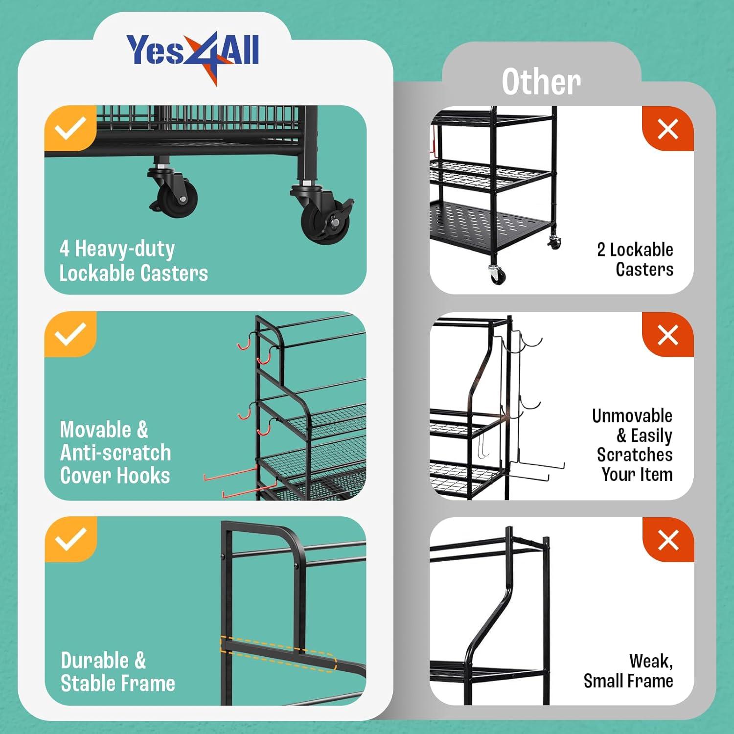 Yes4All Dumbbell Rack, Weight Rack for Home Gym, Sports Equipment Organizer for Dumbbells Kettlebells Yoga Mat Foam Roller and Balls, All in One Gym Workout Storage with Wheels and Hooks, Black