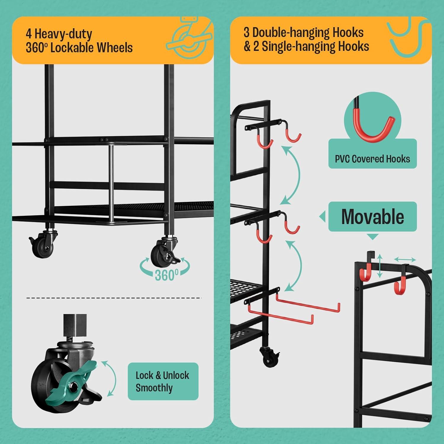 Yes4All Dumbbell Rack, Weight Rack for Home Gym, Sports Equipment Organizer for Dumbbells Kettlebells Yoga Mat Foam Roller and Balls, All in One Gym Workout Storage with Wheels and Hooks, Black