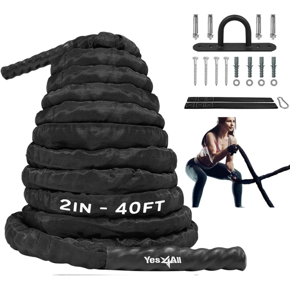 Yes4All Battle Ropes, Workout Rope with Cover, Steel Anchor & Strap Included, Heavy Ropes for Exercise Training – 1.5/2 Inch Diameter, 30, 40, 50 Ft Length(2in – 40ft)